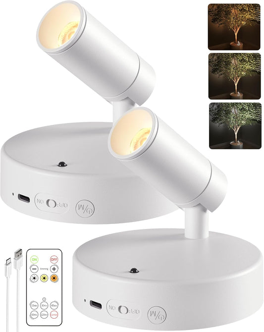 EZVALO Spot Lights Indoor,5500mAh Rechargeable Picture Lights with Remote,Wireless Mini Art Accent Spot Lights with Timer＆Dimmable, 3CCT, Uplights Indoor for Plants,Display,Artwork(2Pack-White)