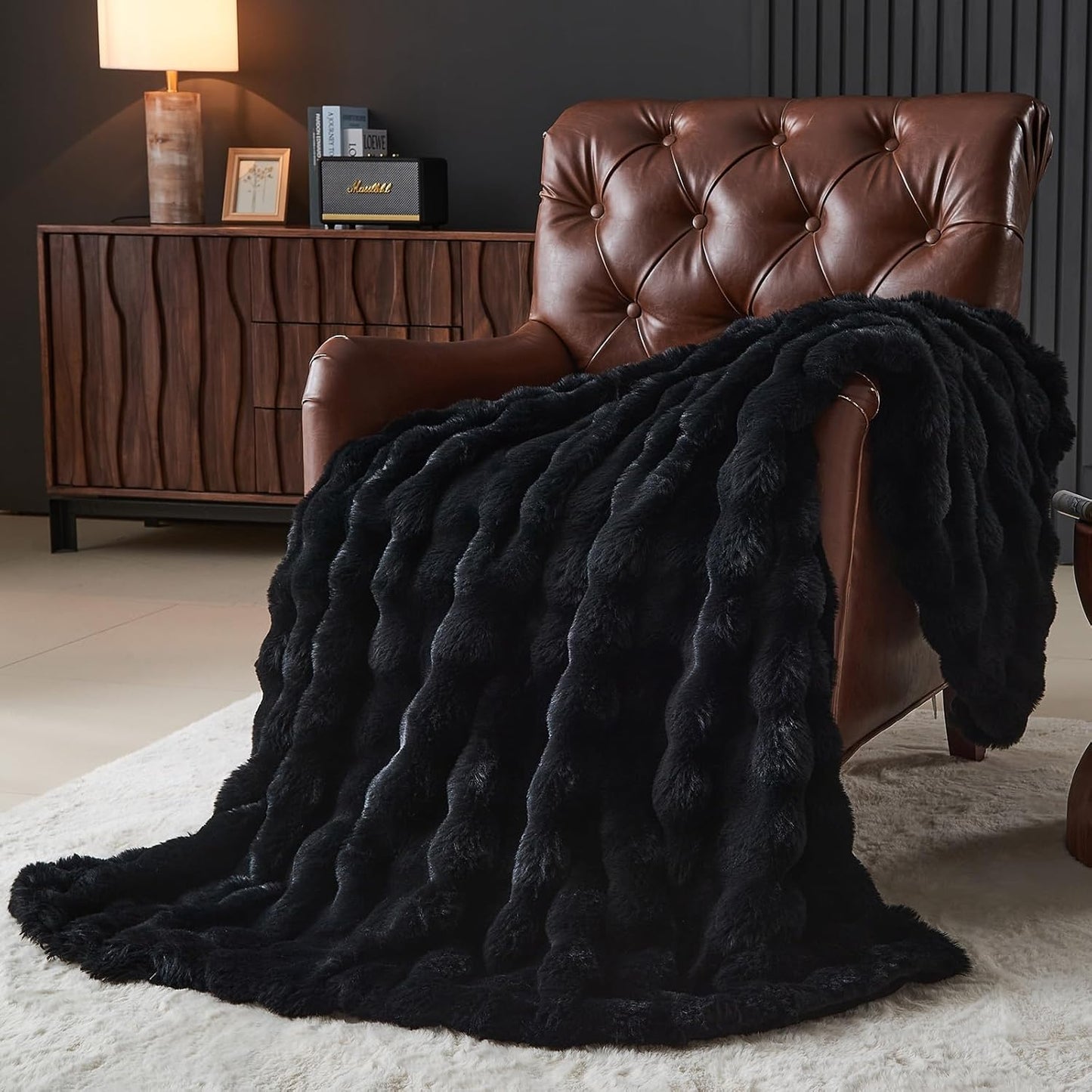 Lotus Karen Faux Fur Blanket - Black Twin Size, Big Bubble Rabbit Fluff, 60x80 Inches