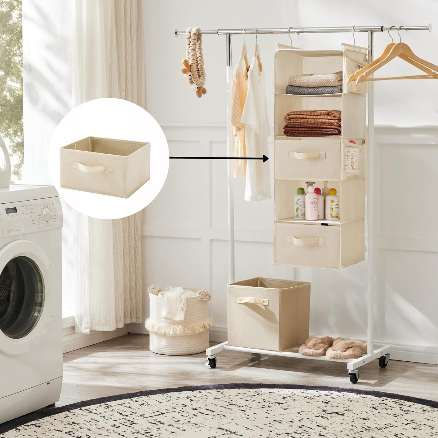 Hanging Shelf Closet Storage Organizer Removable Drawers ，Hanging Storage Organizer Hanging Sweater 2 Sock Underwear Drawers for Closet, Bedroom, Beige