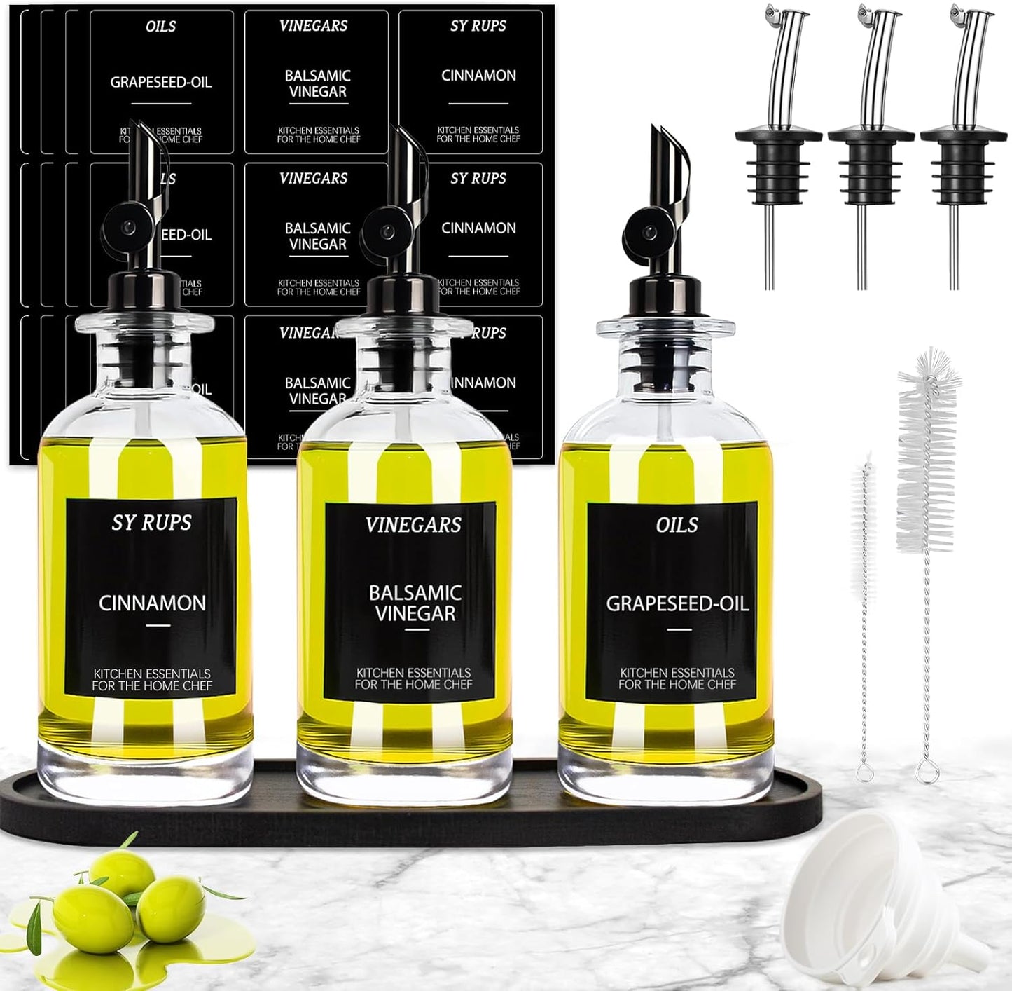 3PCS Olive Oil Dispenser Bottle For Kitchen, Soy Sauce Dispenser, Glass Oil and Vinegar Dispenser Set W. Wooden Tray & Labels & 3 Replacement Spouts, Coffee Syrup Dispenser