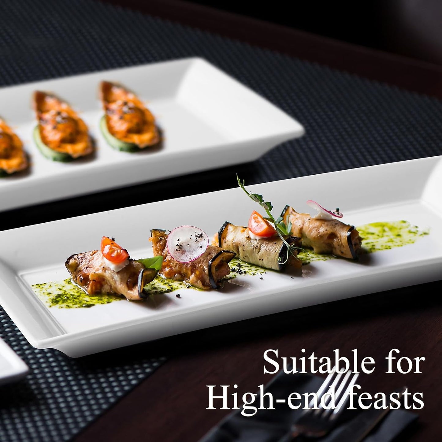 Rectangular Ceramic Serving Platters Set of 4, 14 inch Large Porcelain Serving Plates, White Appetizer Trays, Dishwasher Safe Plates for Steak, Charcuterie, Thanksgiving Turkey, Desserts