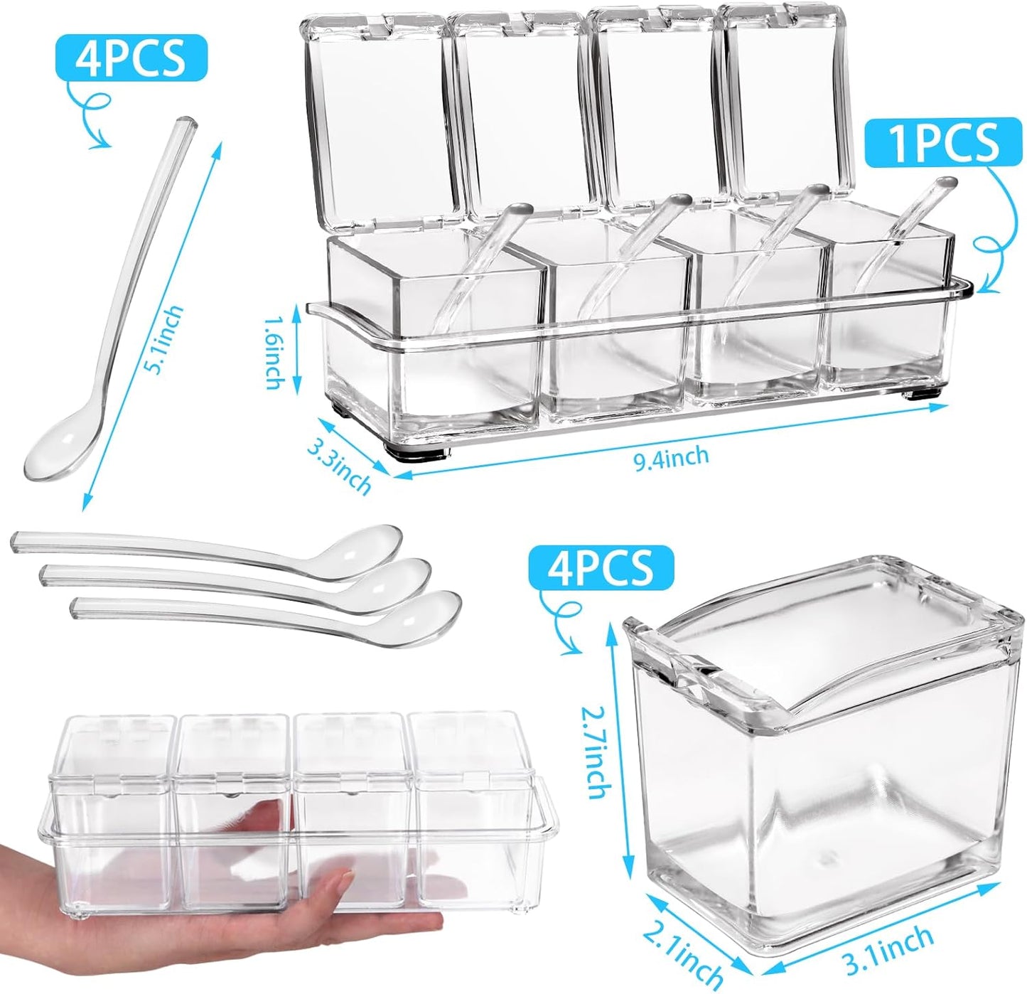 4-Cell Clear Seasoning Rack Spice Box, Storage Container Condiment Jars Acrylic Seasoning Box with Cover and Spoon (Enhanced Version Clear)