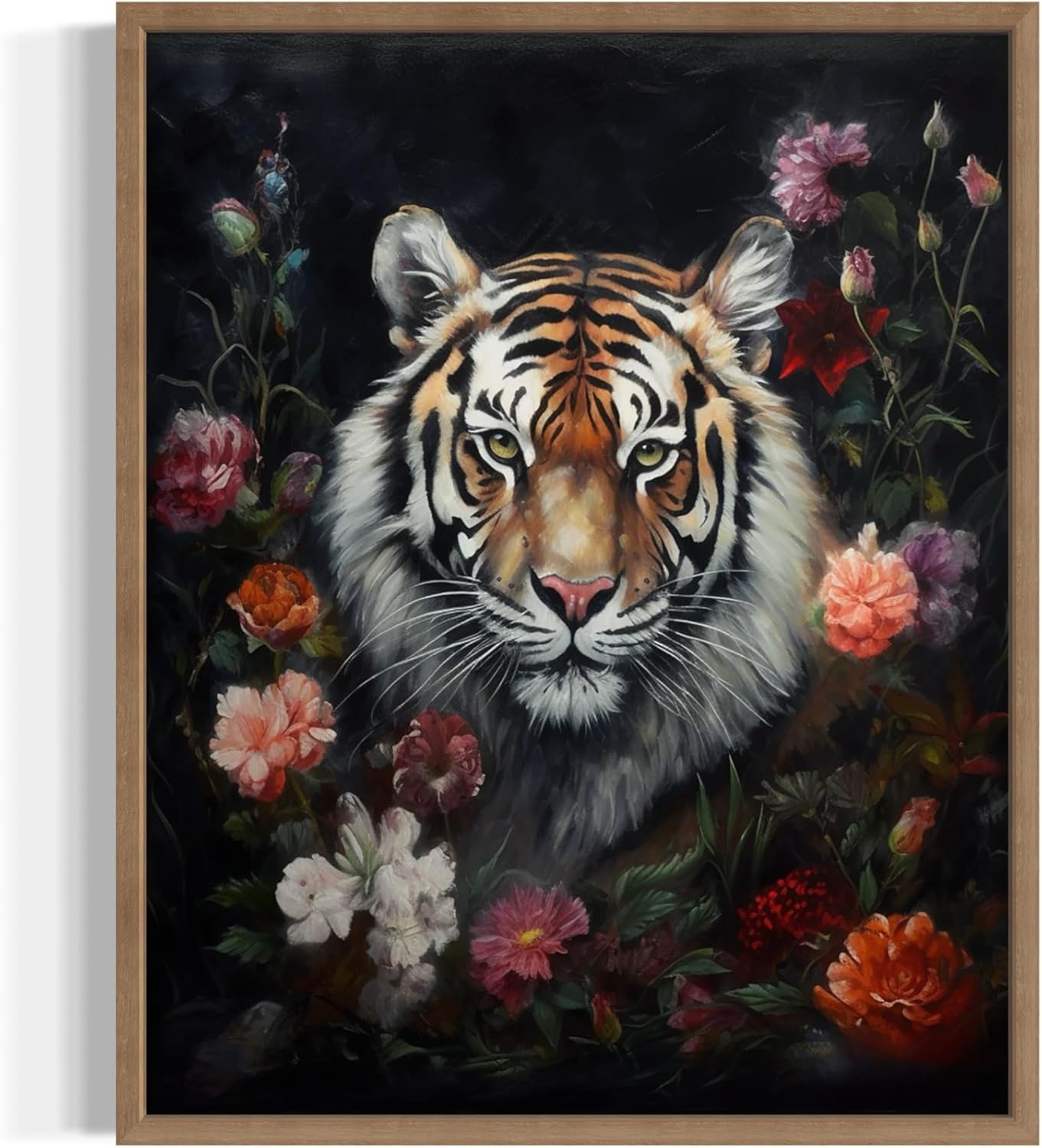 Tiger and Flower Poster Art Print, Halloween Scary Vintage Wall Art Academia Spooky Painting Decoration for Horror Prints, Gothic Posters Bedroom Decor 89 (Tiger and Flower, 8 x 10 inches, Wood Frame)