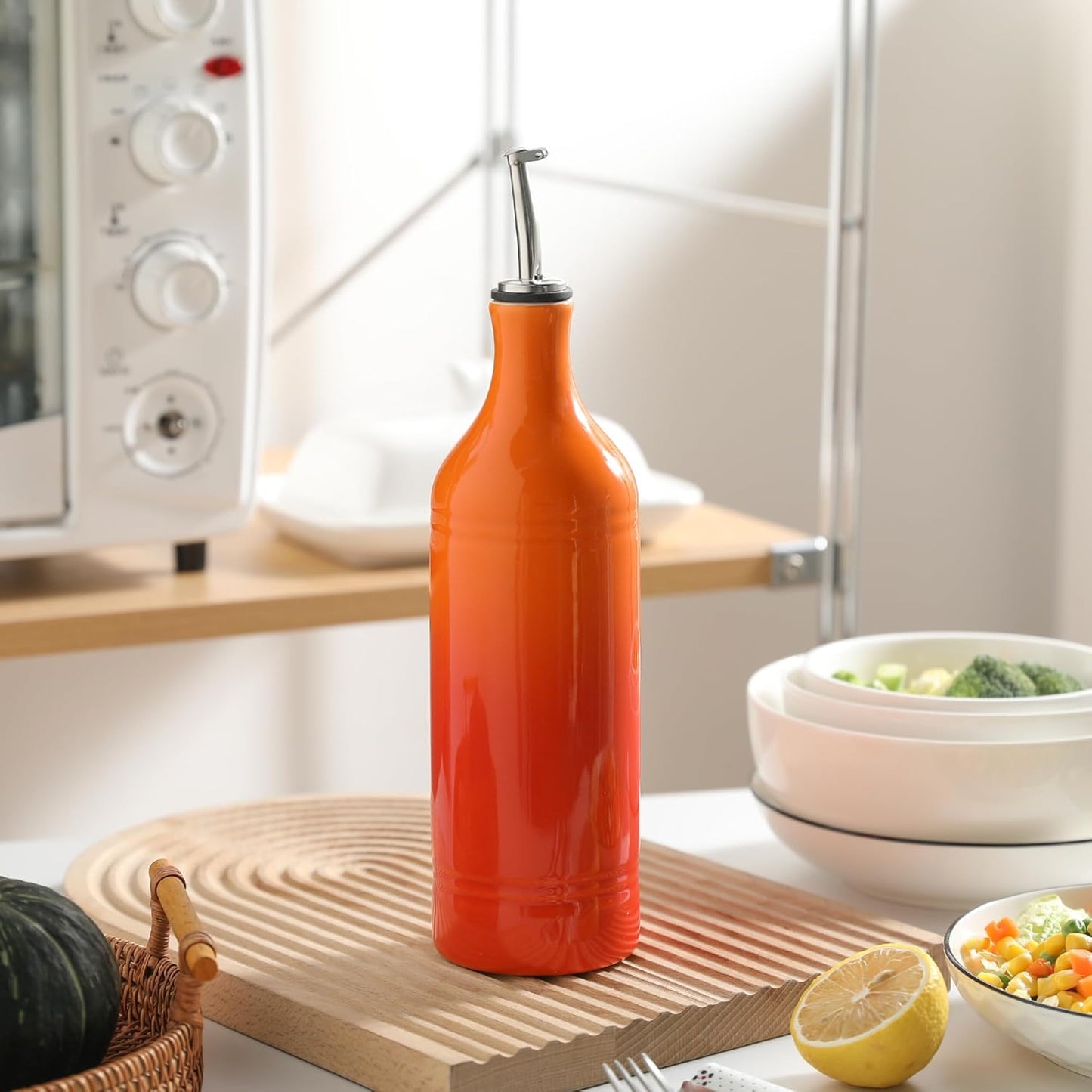 Sweejar Ceramic Olive Oil Dispenser Bottle, 20 Oz EVOO Oil and Vinegar Dispensing Bottle with Spout for Kitchen, Set of 1, 24 Fl Oz (Gradient Orange)