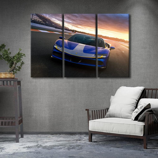 TUMOVO Wall Art for Living Room Blue Sports Car Bedroom Wall Decor Supercar on the Runway Wall Paintings for Office Speed Car Print On Canvas Modern Artwork Stretched Framed Ready to Hang, 42" Wx28 H