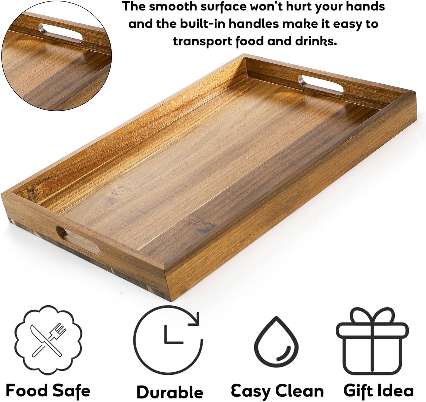 YOUEON 2 Pack Large Acacia Wood Serving Tray with Handles, 17x12 Inch Decorative Wood Trays for Serving Food, Party, Rectangle Ottoman Tray, Coffee Table Trays for Bed, Living Room, Kitchen
