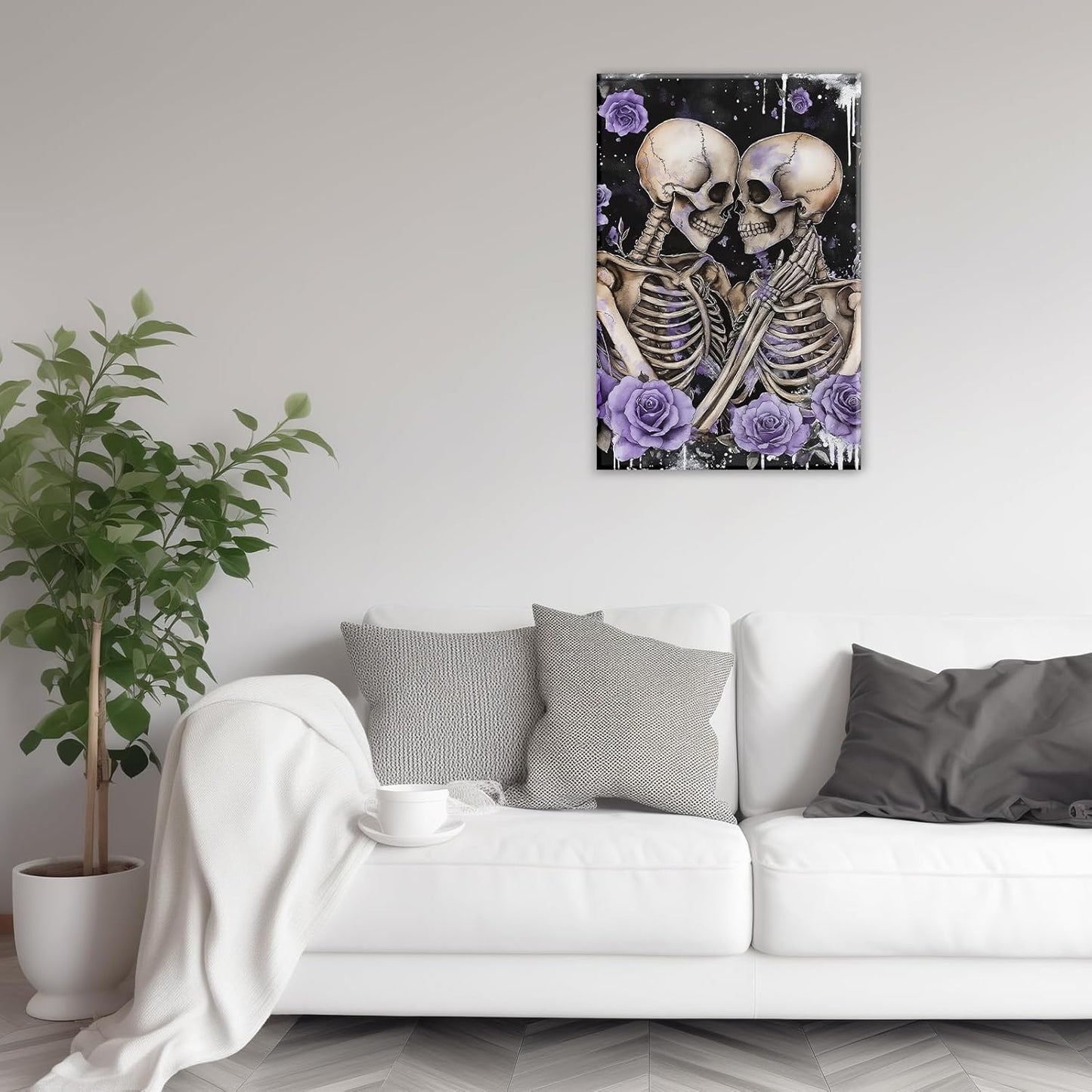 Skull Canvas Wall Art Couple Skeleton Holding Each Other Picture Art Poster Abstract Lover Painting Modern Artwork Horrible Halloween Decor(Artwork-2,24"x36")