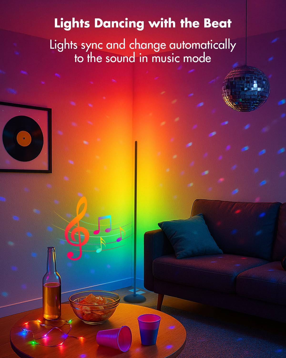 Corner Floor Lamp, Smart RGB LED Corner Lamp with App & Remote, Modern Floor Lamp with 16 Million Colors, Music Sync, Scene Modes, Color Changing Standing Lamps for Living Room, Bedroom