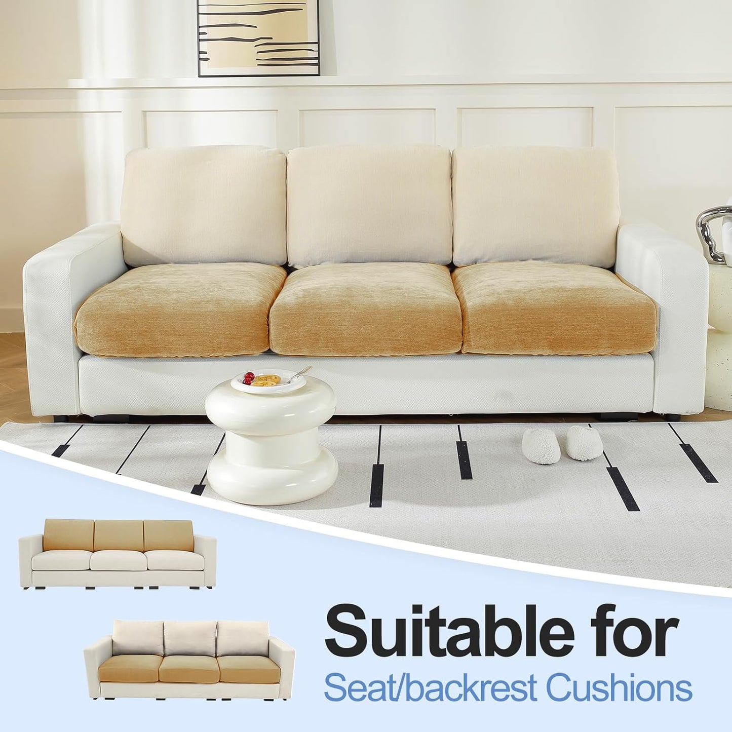 Couch Cushion Covers Individual Large Super Stretch Chenille (Softer Version) Sofa Cushion Covers, Armrest Cover Couch Slipcovers Furniture Protector (2PC, Khaki)