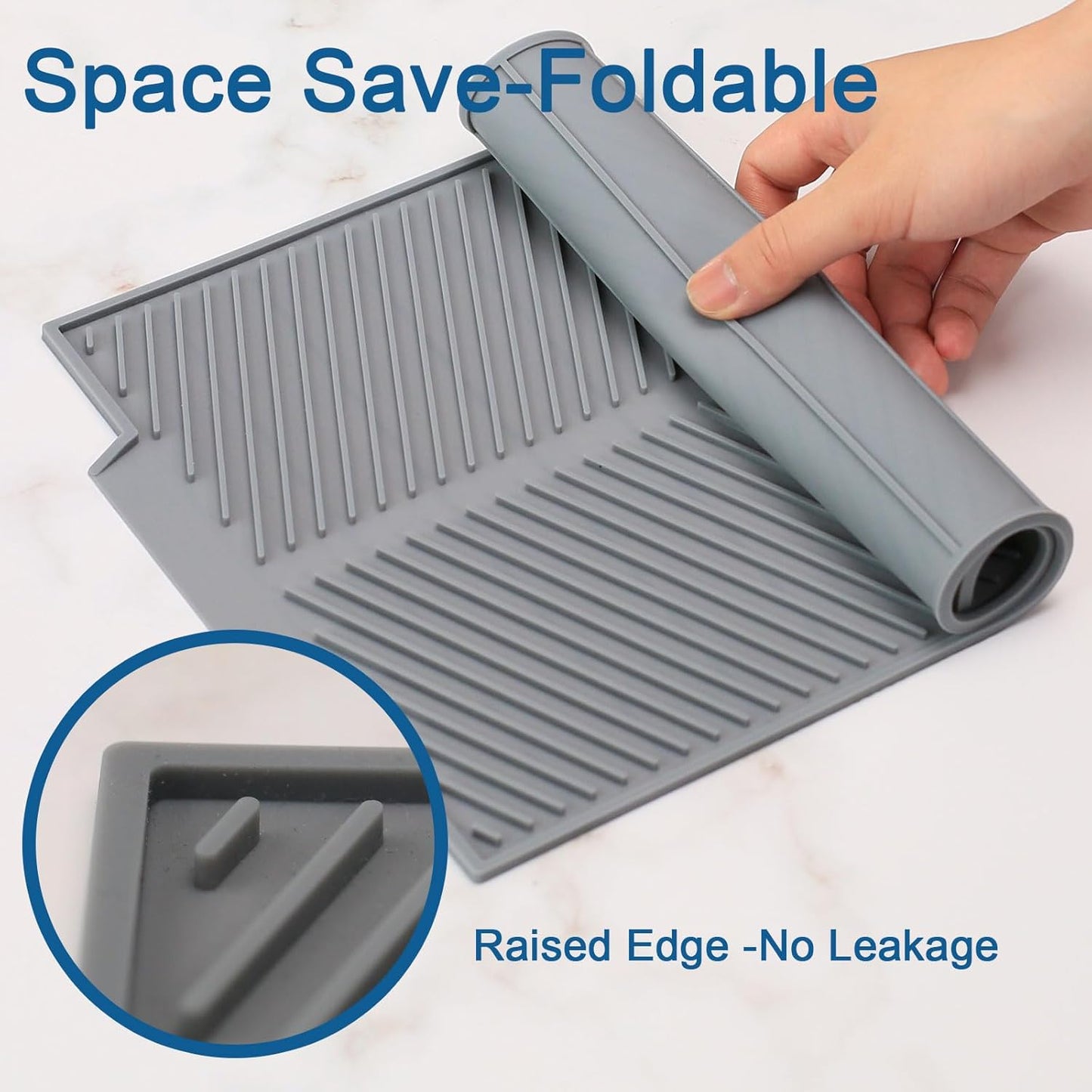 Silicone Dish Drying Mat for Kitchen Counter, 15''x 10'' Drying Mat with Drain Lip, Non-Slip Dish Drainer Mats with Built-in Drain, Heat Resistant Drain Pad on Countertop, Gray