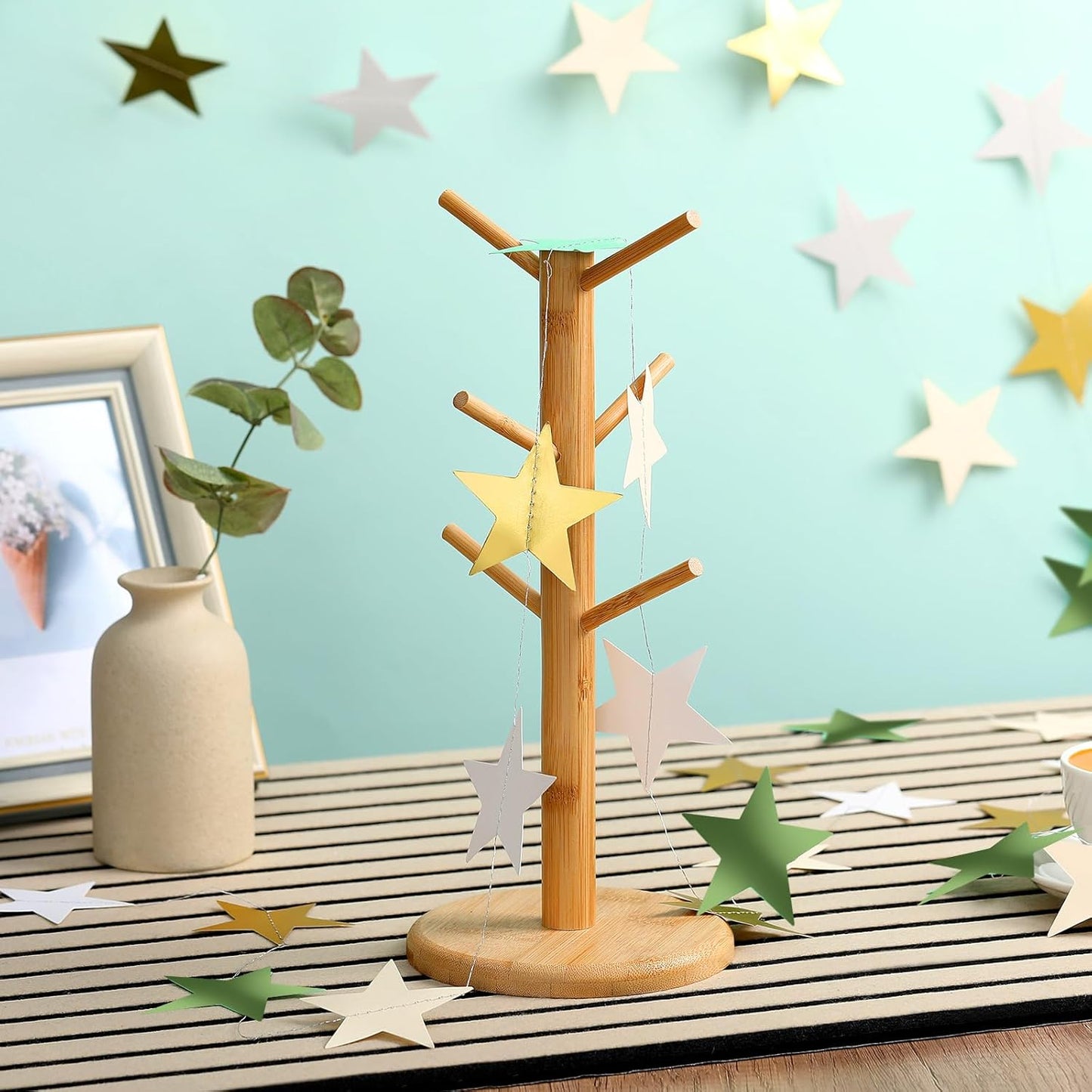 Patelai Glitter Star Garland Banner Decor 130 Feet Star Hanging Bunting Banner Twinkle Backdrop for Homecoming Classroom Wedding Birthday Halloween Christmas Party Supplies(Sage Green, Gold, White)