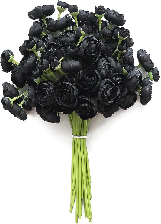 Floroom Ranunculus Artificial Flowers 18 Pcs Black Faux Silk Mini Ranunculus Bulk Fake Wedding Filler Flowers for DIY Bouquets, Centerpieces, Bridal Shower Decorations & Arrangements