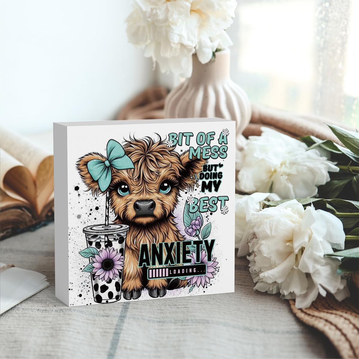 Highland Cow Western Sunflower Decor, Highland Cow Gifts for women, Highland Cow Baby Decor, Highland Cow Nursery Decor, Wooden Box Decor Sign for Home Farmhouse Office Living Room Table Shelf Tiered