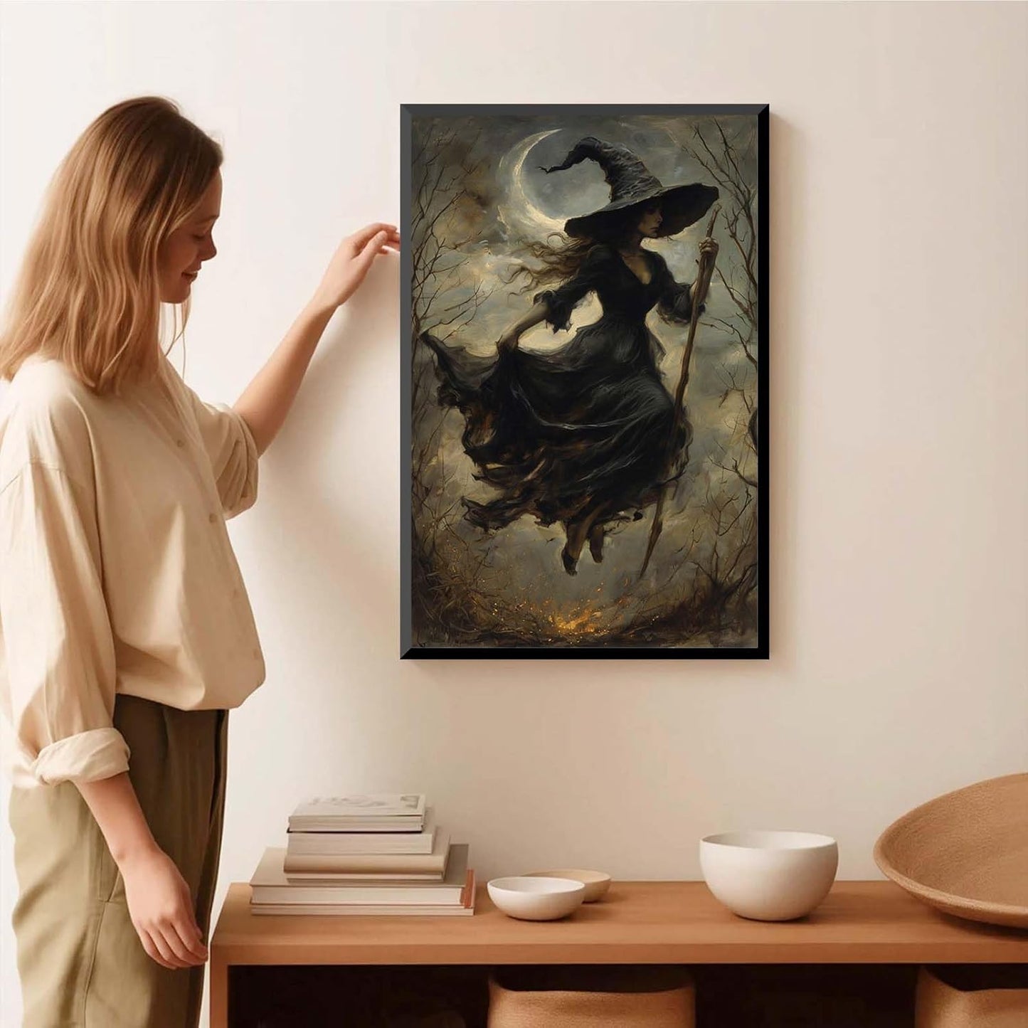 JFHCQJPK Witch in the Forest Halloween Print Wall Art Poster Witch Decor Vintage Print Dark College Wall Art Victorian Gothic Room Decor Canvas Wall Print20x30in Metal blackFramed