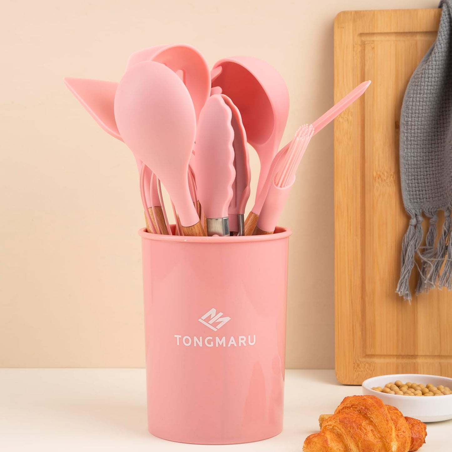 Silicone Cooking Utensils Set, Premium Beech Wood Handle Kitchen Gadgets Utensil Set, Non-Stick Kitchen Utensils Spatula, Tongs, Turner, Whisk, Brush, Spoon, BPA FREE, 446°F Resistant (Pink)