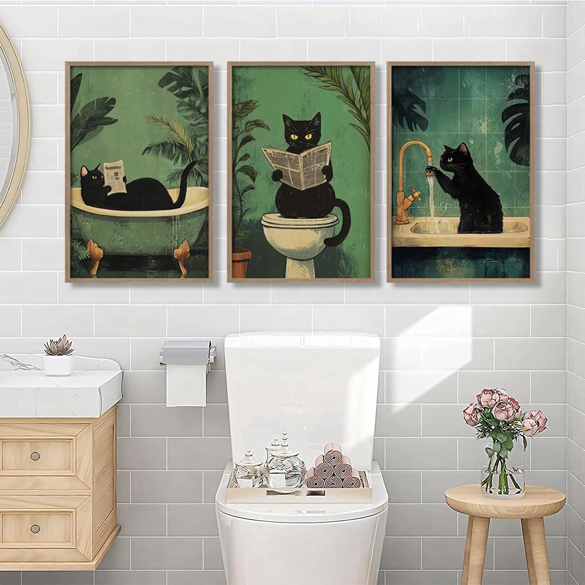 3Pcs Wooden Frame Cute Black Cat Bathroom Wall Art Modern Style Canvas Prints Funny Posters Pictures Decorative Paintings Artworks Suitable for Living Room Bedroom Bathroom Gallery Style Design 12x16In