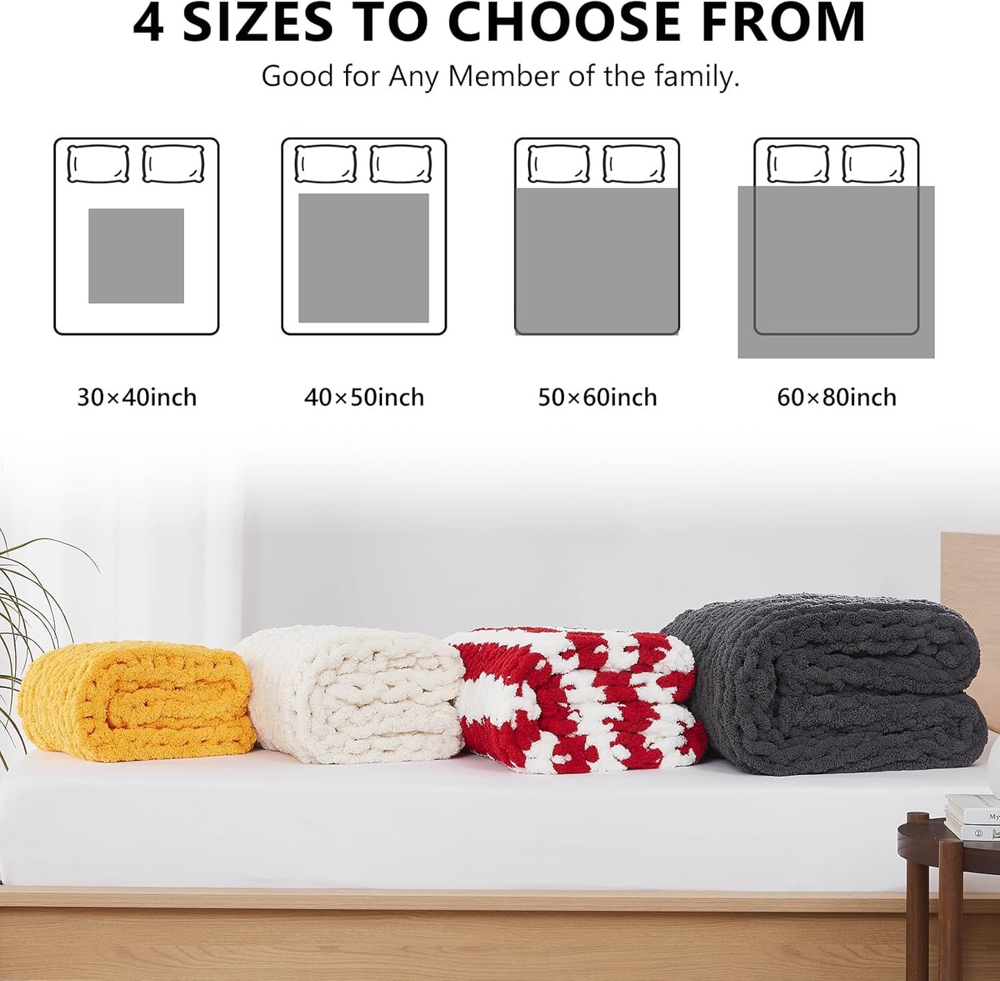 L'AGRATY Chunky Knit Blanket Throw - Soft Chunky Throw Blanket 30x40: 100% Hand Kintted Chenile Crochet Throw Blanket for Couch - Large Cable Knit Chunky Blanket for Home Decor(Red and White)