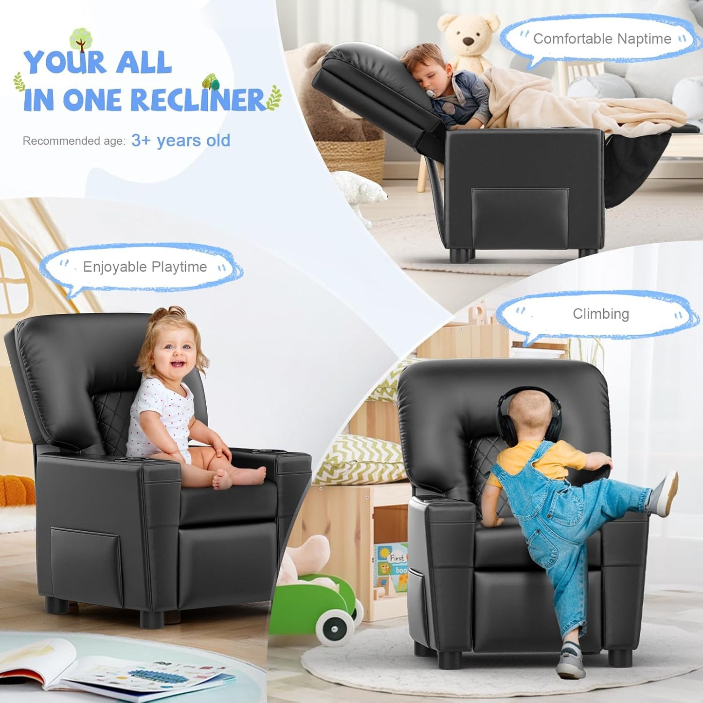 Kids Recliner Chair, Leather Push Back Kids Reclining Chair with Cup Holders & Side Pockets, Safety Adjustable Footrest Toddler Recliner for Age 3+, Kid Recliners for Girls Boys, Black
