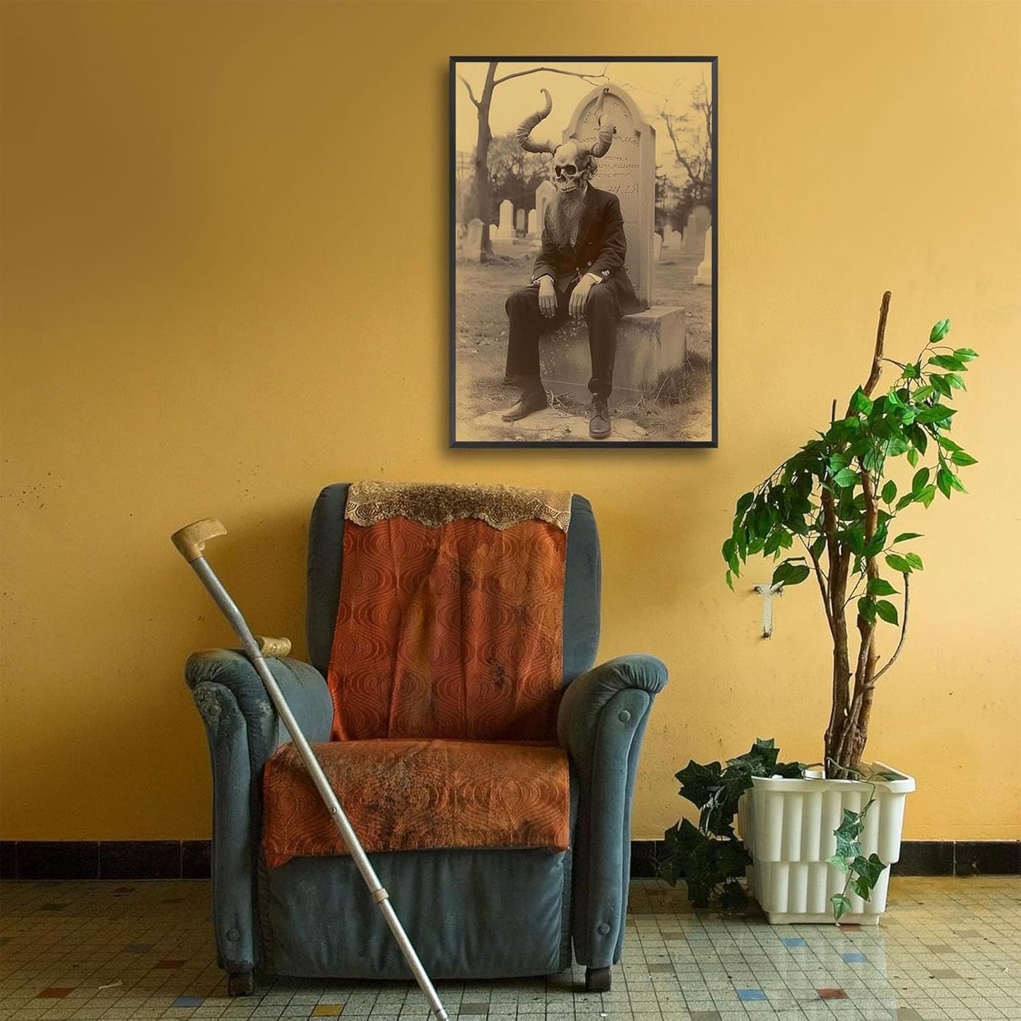 Skeleton Halloween Forest Occult Poster Vintage Spooky Canvas Wall Art Gothic Room Decor Dark Academia Bedroom Decorations Creepy Skull Prints Picture Aesthetic 24X36inch Aluminum Framed