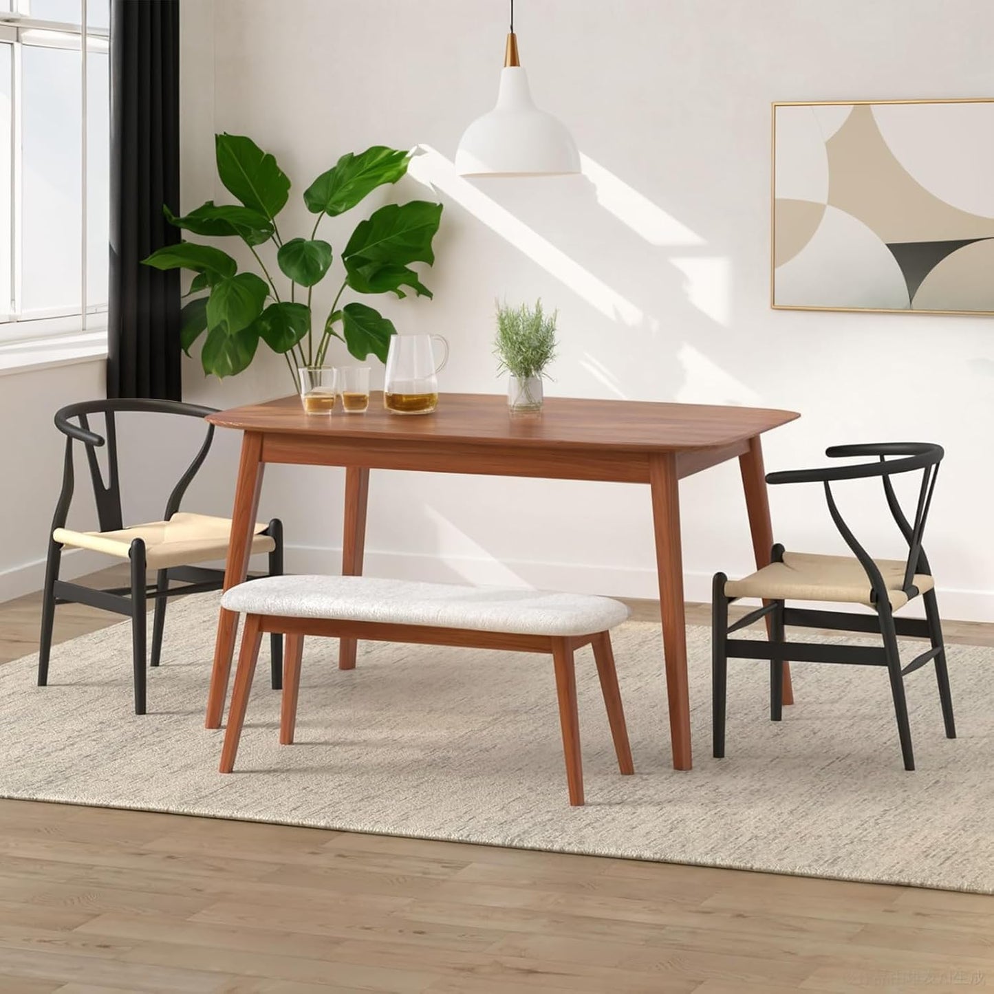 Wishbone Chair Natural Solid Wood Dining Chair/Hans Wegner Y Chair Rattan and Wood Accent Armrest Chairs - Ash Wood Chairs Set of 4 (Ash Wood - Black + Natural Color)