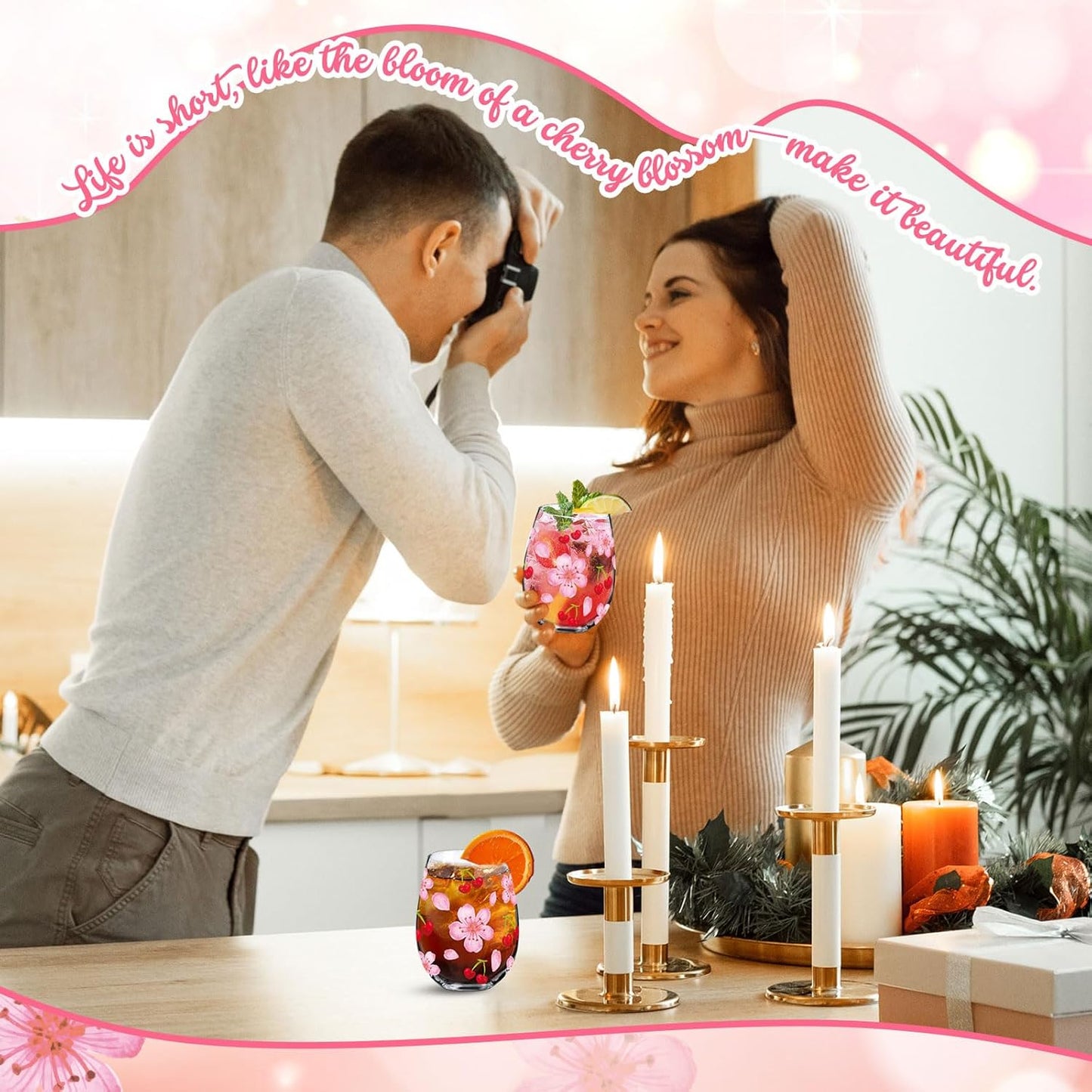 Sliner 2 Pack 17oz Cherry and Flower Stemless Wine Glasses Cherry Blossom Drinking Glasses Floral Tumbler Cups for Women Birthday Anniversary Gift Parties Supplies