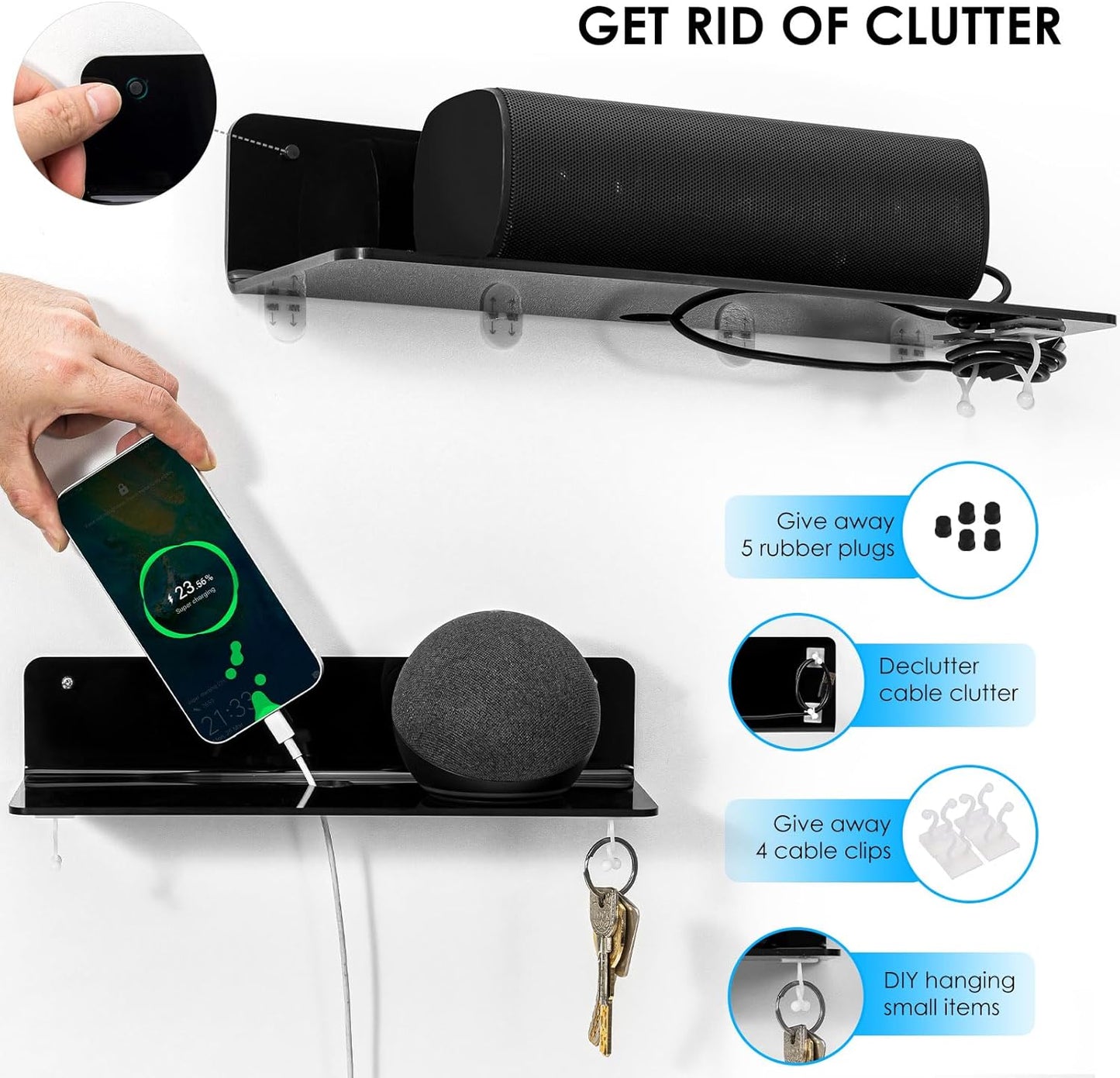 OAPRIRE Black Acrylic Floating Shelves Set of 2 - Damage Free Expand Wall Space - 12 Inch Wall Shelves with Strong Adhesive for Bathroom, Bedroom, etc