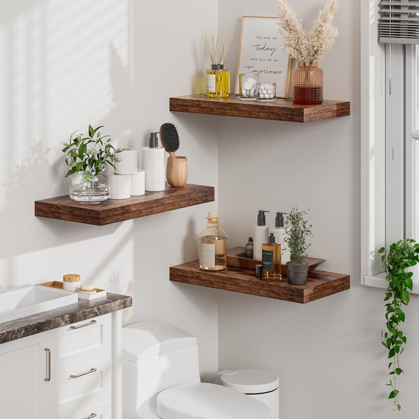 Heimlove 12" Deep Floating Shelves for Wall, 24 Inch Wall Shelf Bathroom Shelves Set of 2, Wall Mounted Shelves for Books Living Room Laundry Room Bedroom Kitchen Home Office, Rustic Brown