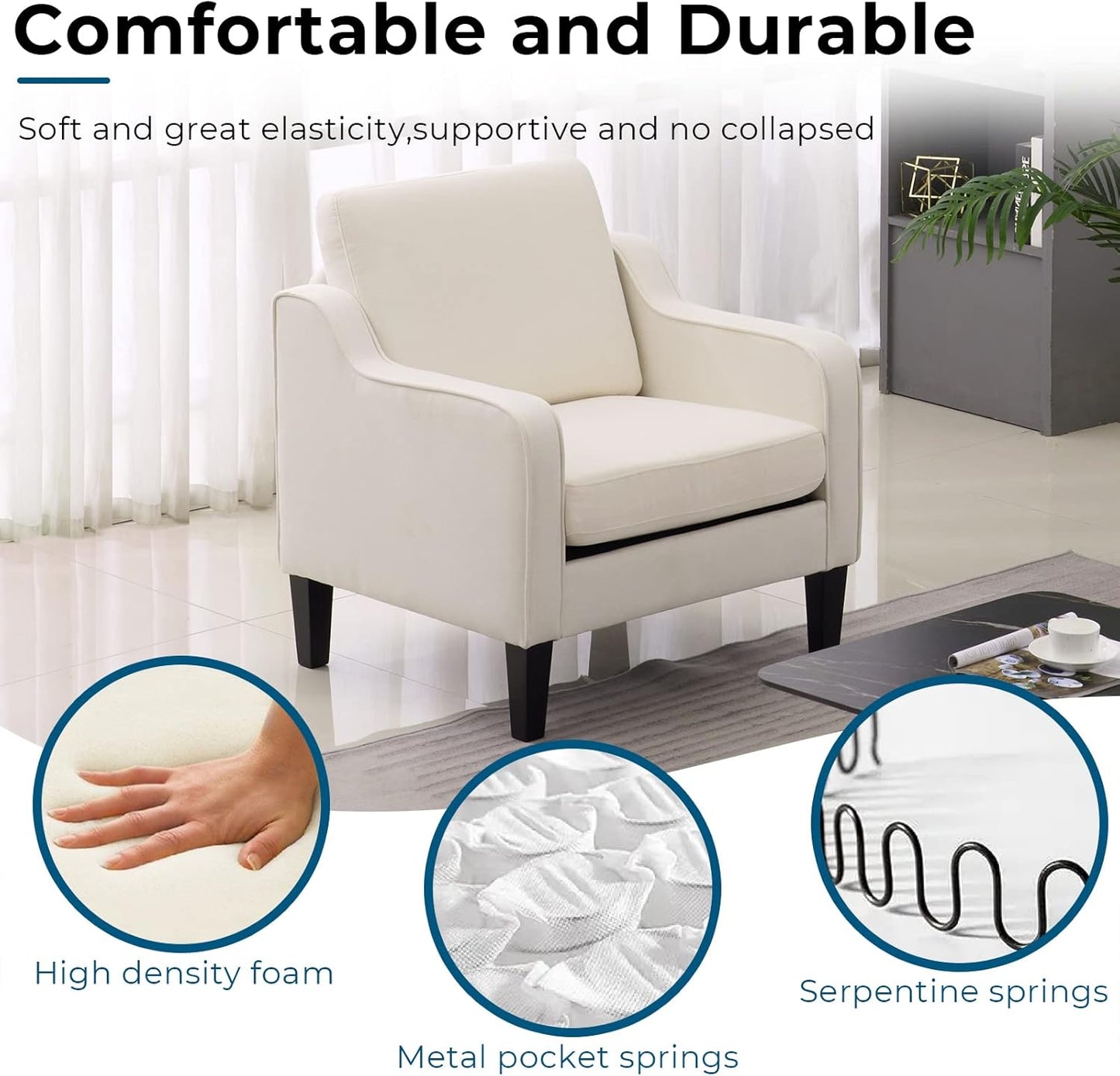 VINGLI Modern Accent Chairs Set of 2, Beige Living Room Chairs Comfy Armchair for Bedroom, Upholstered Sofa Chair Reading Chair for Small Spaces, Apartment, Waiting Room