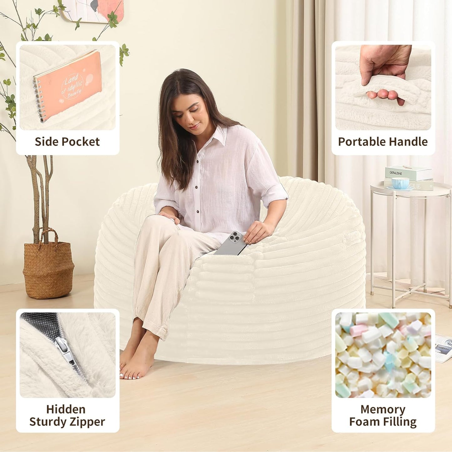 Memory Foam Bean Bag Chair for Adults/Teens, Bean Bag Sofa with Fluffy Removable Cover, for Living Room Bedroom, 3FT White