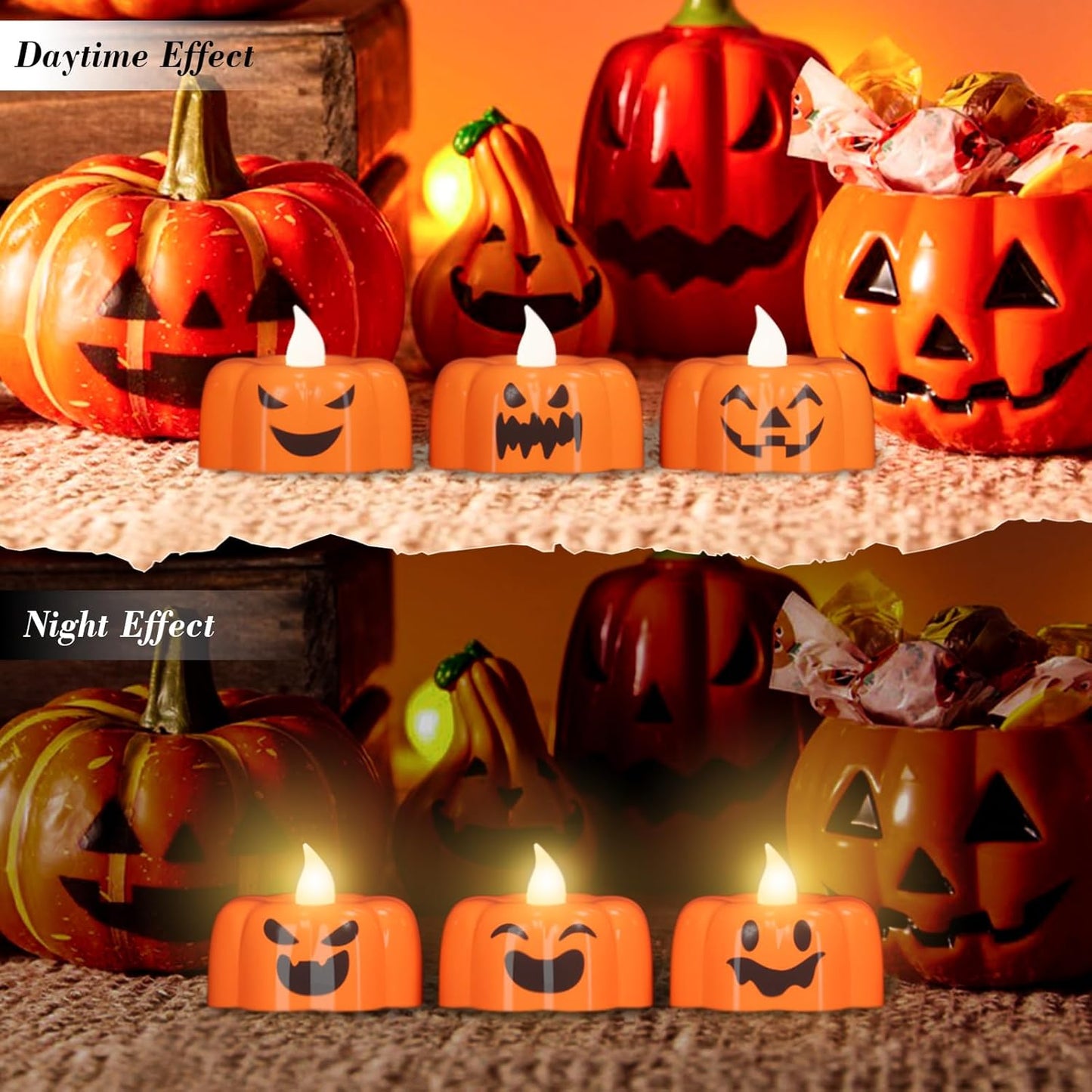 Wondise Halloween Flameless Candles, Pumpkin Battery Operated Candles with Timer, LED Flickering Votive Tealight Spooky Candles for Halloween Decorations Indoor (6 Pack, 1.9" x 1.6")