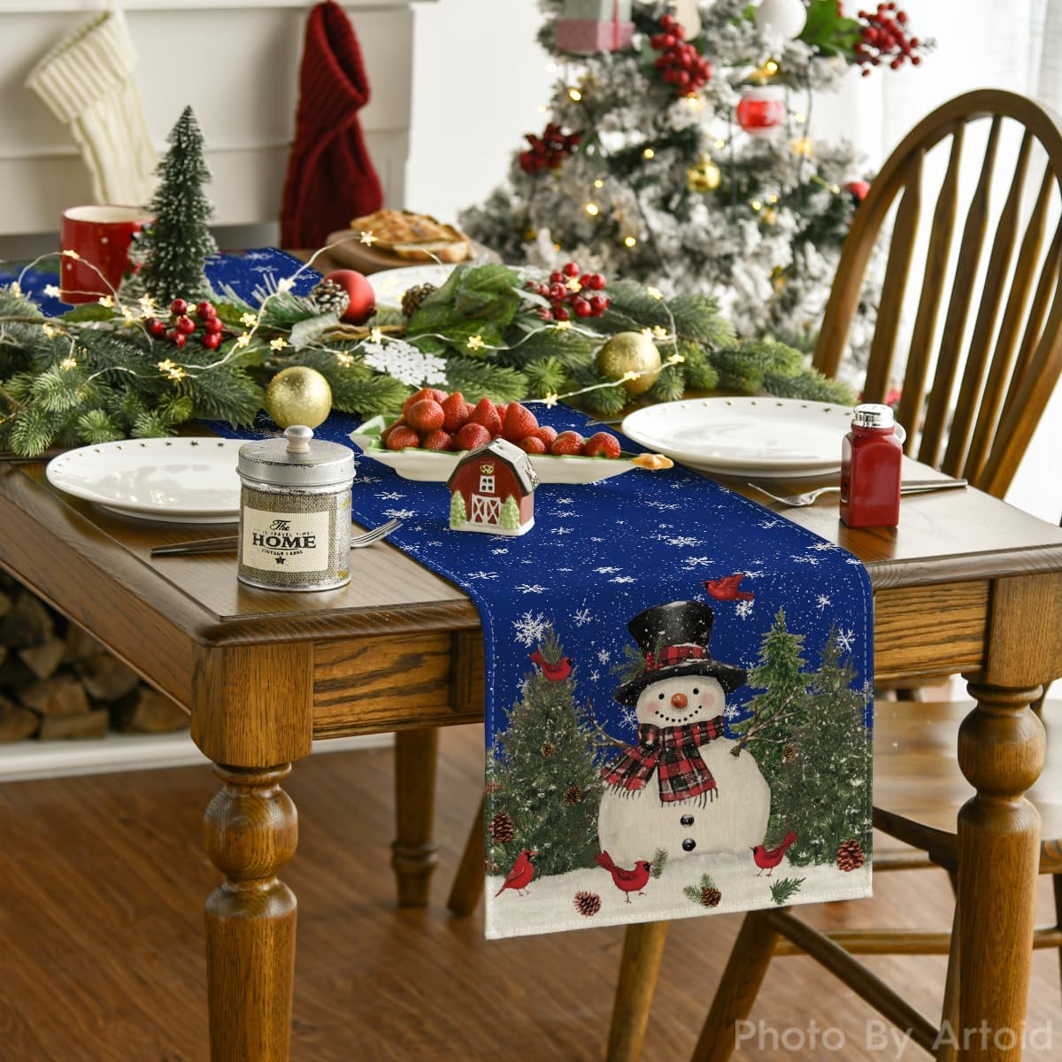 Artoid Mode Snowman Birds Trees Christmas Table Runner, Seasonal Blue Winter Holiday Kitchen Dining Table Decoration for Indoor Outdoor Home Party Decor 13 x 108 Inch