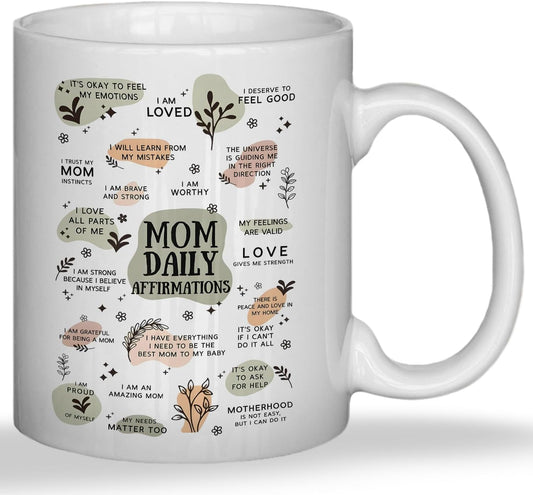 JINYO Boho Floral Mom Coffee Cup, Mother's Day Mugs Cups, Mother Birthday Gifts from Daughter Son, Mom Daily Affirmation Ceramic Coffee Tea Mug 11 oz