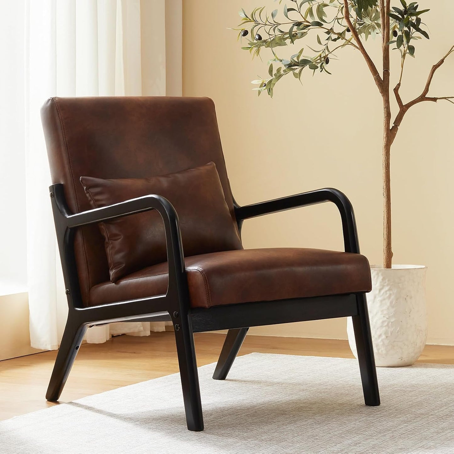 Accent Chair Mid Century Modern Armchair with Lumbar Support Pillow Wood Legs PU Leather Upholstered Lounge Chairs Comfy High Back Cushion for Living Room Bedroom