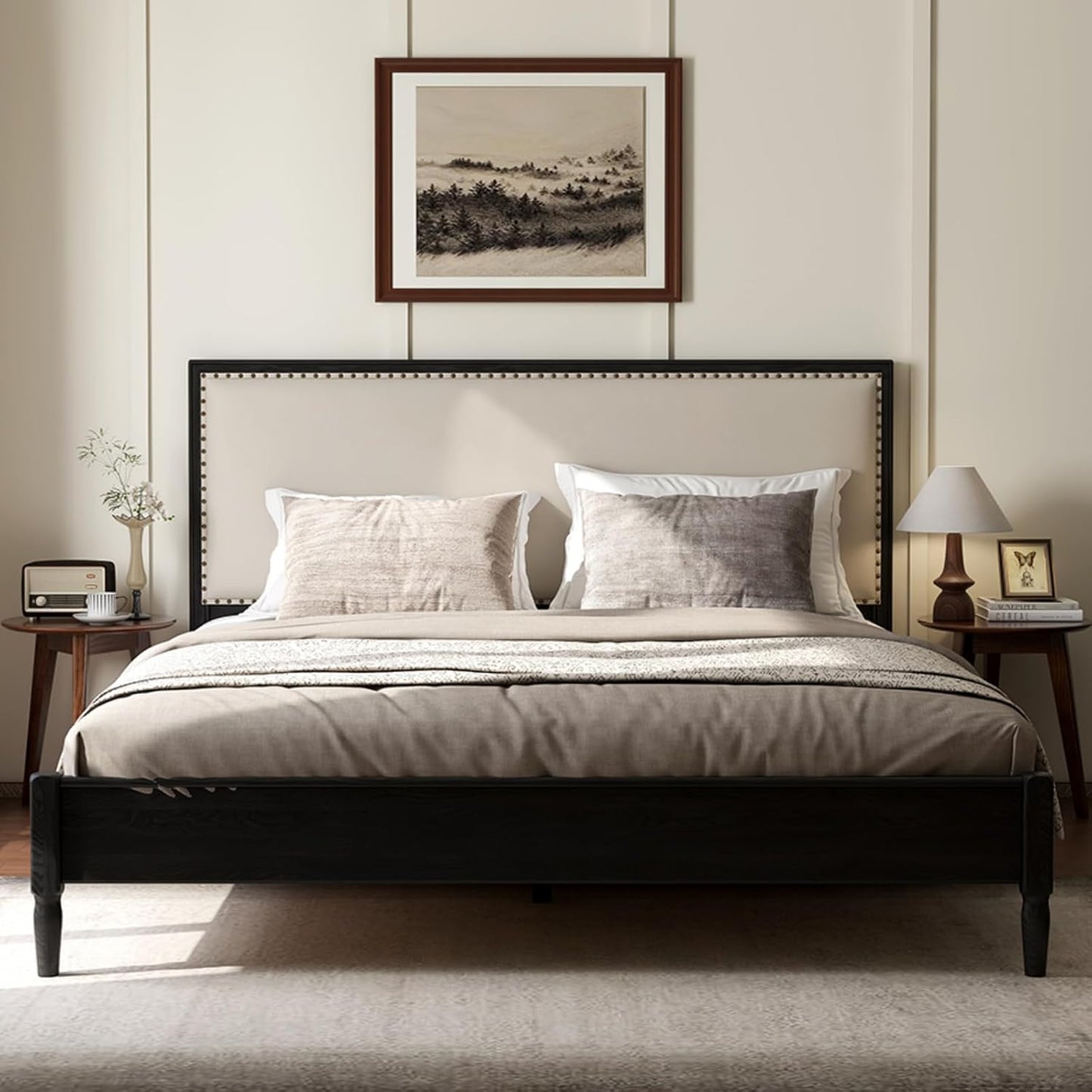 100% Solid Oak Round Side Table Set of 2, Small Bedside Table for Small Spaces, Living Room End Table with Stable Frame, Modern Nightstand for Bedroom Couch(Walnut, 17.71" D x 19.68" H)