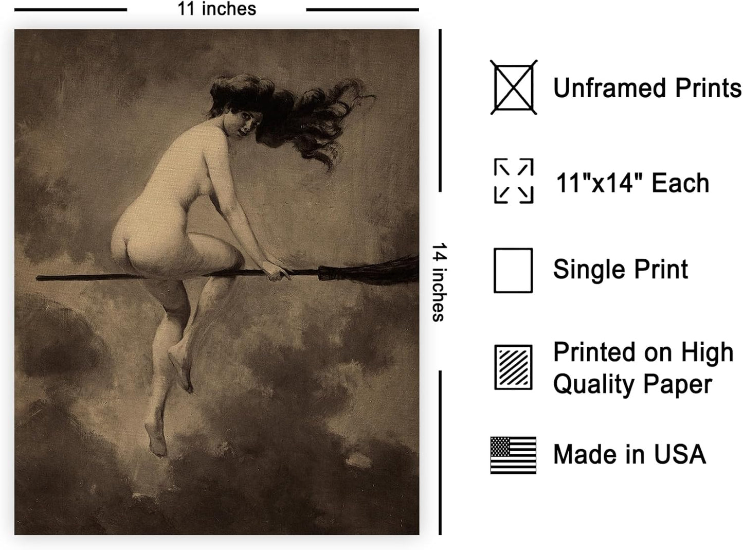 Poster Master Vintage Departure for the Sabbath Poster - Retro Naked Witch Print - Halloween Art - Gift for Men & Women - Gothic Wall Decor for Living Room, Bedroom or Dorm - 11x14 UNFRAMED Wall Art