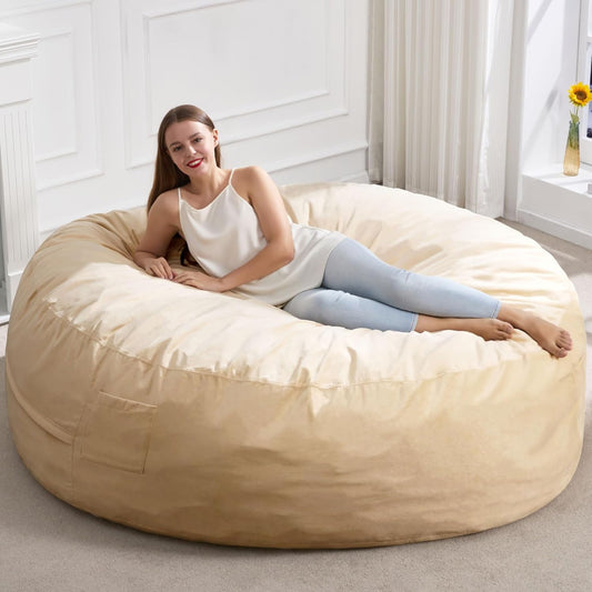 Hobestluk 6FT Bean Bag Chair Bean Bag Chairs for Adults Giant Bean Chairs with Velvet Cover, Memory Foam BeanBag Chair Fluffy BeanBag Chairs for Living Room, Bedroom- Khaki (70" x 70" x 15")