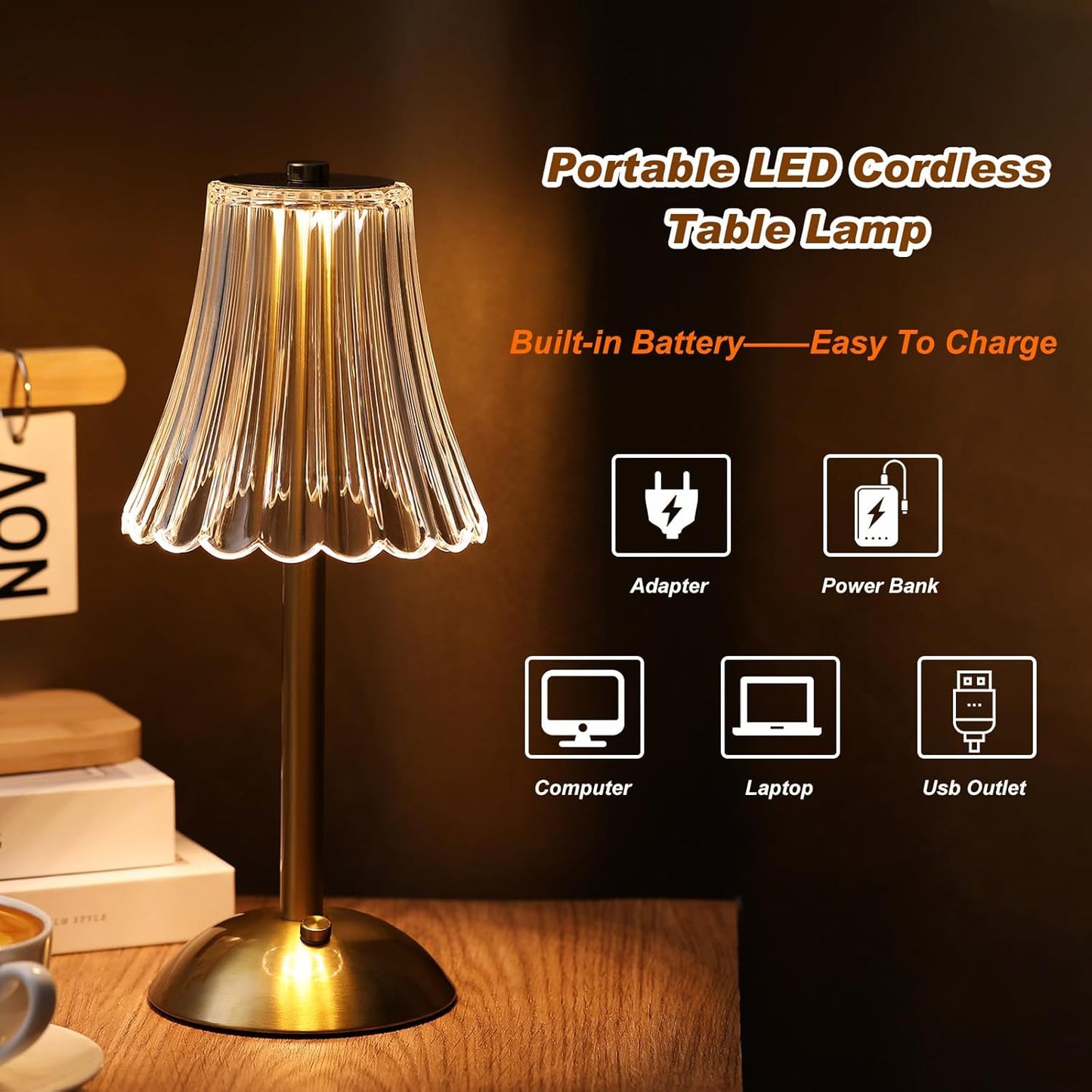 Liliful 1 Pcs LED Portable Cordless Table Lamp Touch Battery Operated Rechargeable Desk Lamp 3 Color Dimmable for Bedroom Living Room Dining (Rose Style,Gold)