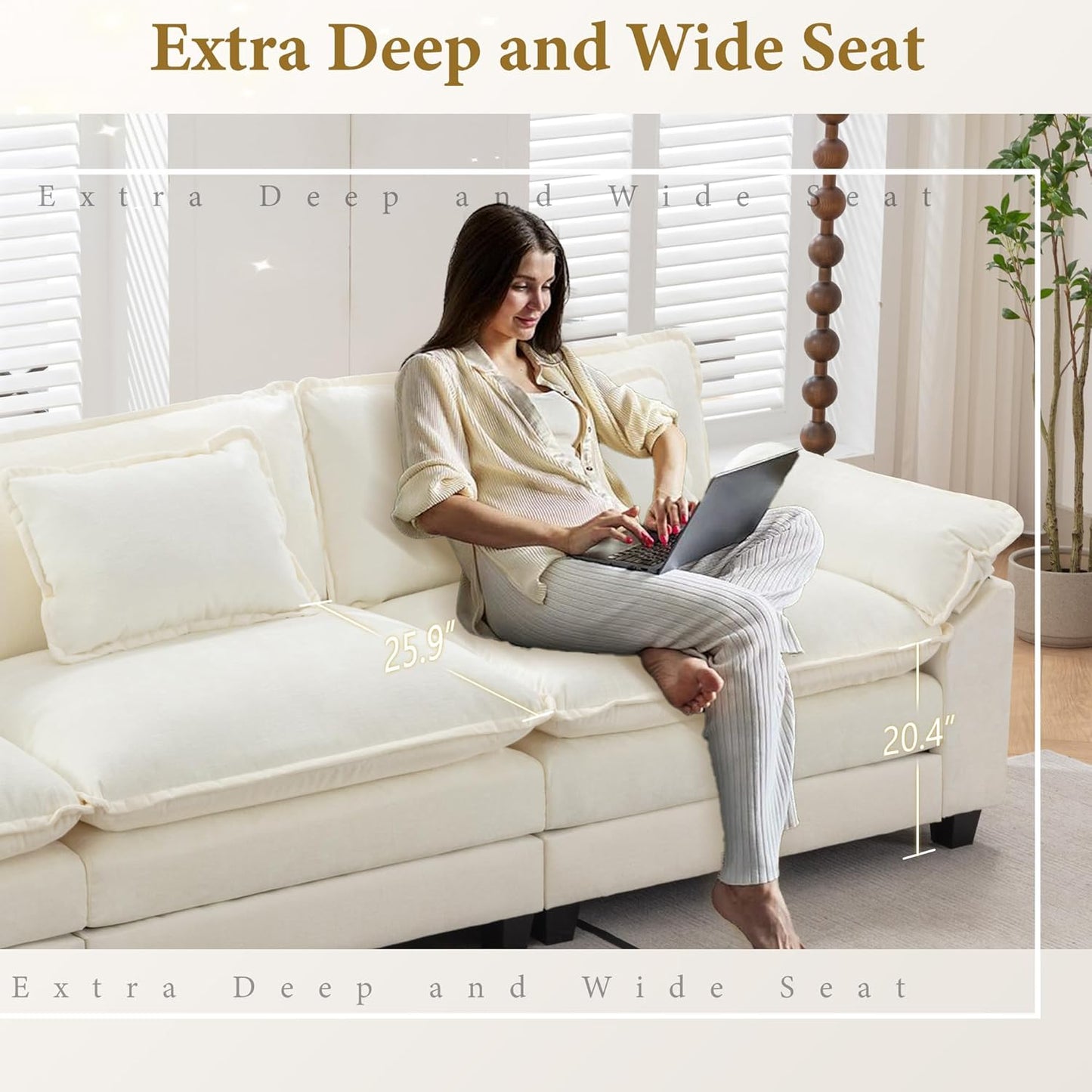 URRED Modular Sectional Sofa Comfy Cloud Couch, Modern Chenille Sofa Sleeper Deep Seat Couches with Ottoman/Pillows for Living Room (White, 154'' - U Shape)