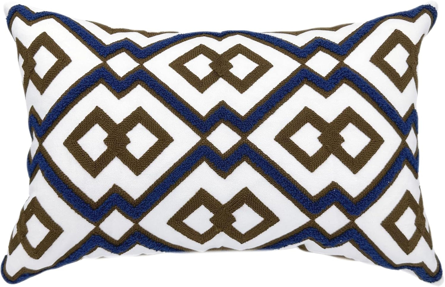 Alysheer Embroidered Lumbar Decorative Throw Pillow Cover 12"x 20", Classic Boho Geometric Embroidery Pattern Cotton Rectangular Cushion Case for Sofa Couch Living Room Bedroom(Blue Brown)