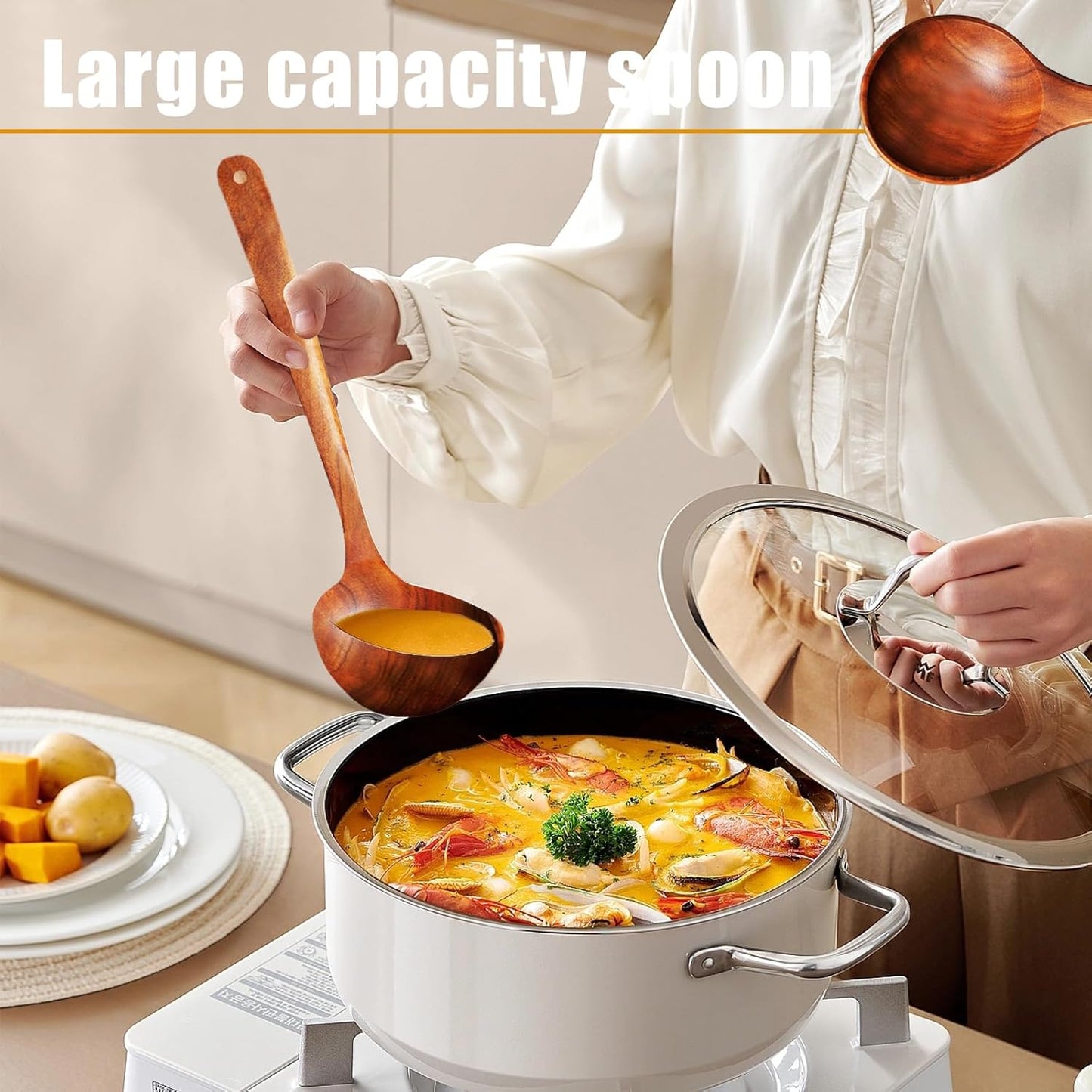 Wooden Spoons for Cooking, 1 Pcs Natural Teak Wooden Cooking Spoons for Non-Stick