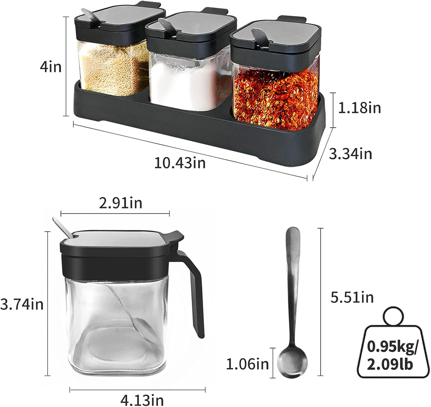 XIUDI Glass Spice Jars(3 piecesset)，Seasoning Containers with 304 Stainless Steel Lids and Spoons，Clear Glass Condiment Canisters Pots Seasoning Box Salt Container Sugar Bowl，for Kitchen,