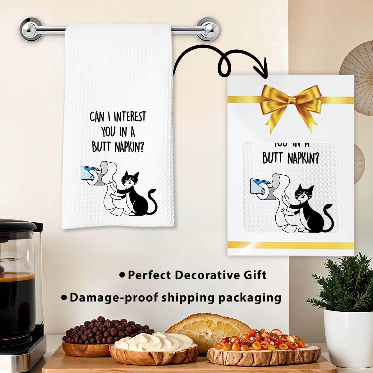 Cat Hand Towel, Funny Bathroom Kitchen Towels, Waffle Weave Microfiber Dish Cloth, Gift for Cat Lovers, Cute Kitty Tea Towel for Home