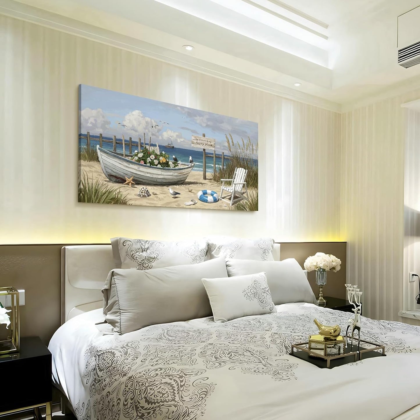 amatop Large Coastal Wall Art Nautical Beach Canvas Art Print Flower-Filled Boat on Sand Ocean Waves Seaside Seascape ArtworkSea Birds Marine Picture Home Decor for Living Room Bedroom Office 48×24 Inch