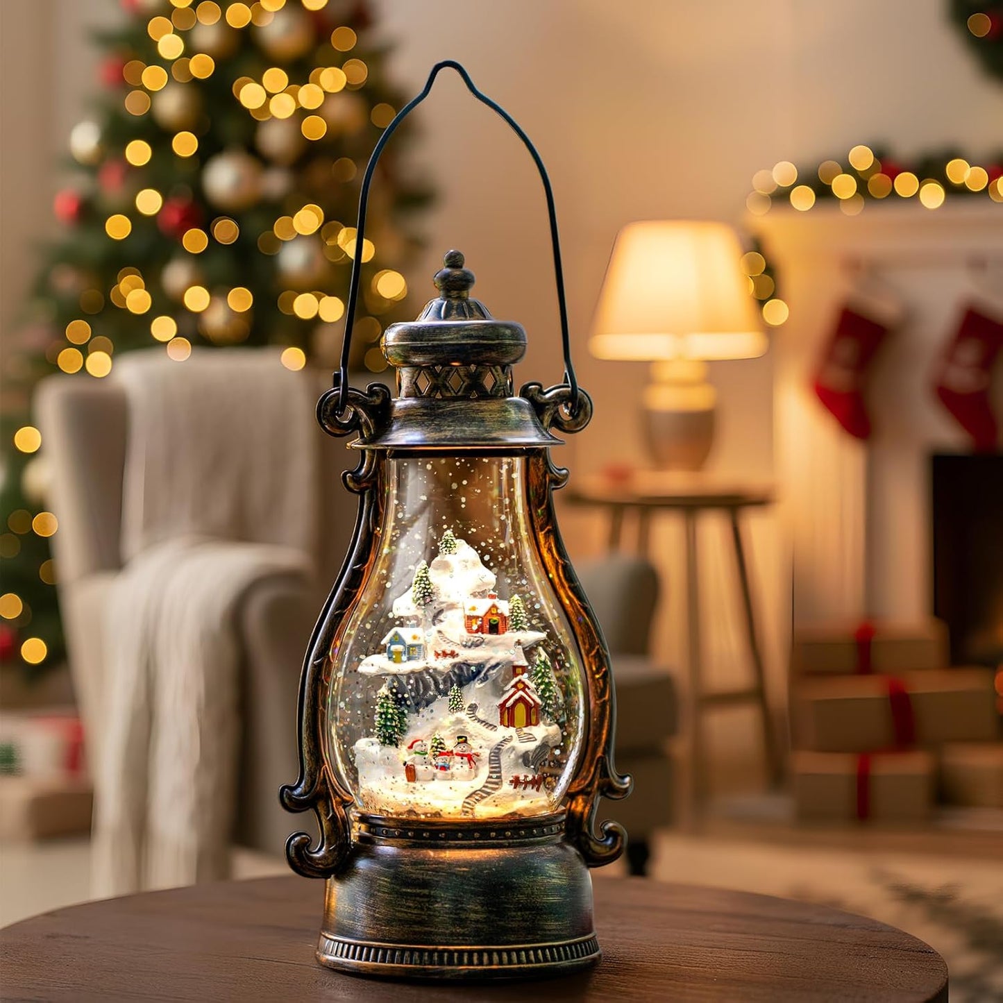 Christmas Village Buildings Tall Snow Globe Lantern Water Glittering Snowman Family with Music & Timer, USB Lined/Battery Operated Lighted Lantern for Christmas Festival Decoration Gifts