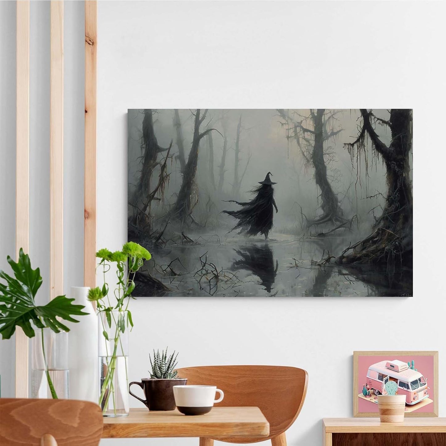 Vintage rustic swamp witch poster dark moody wall art gothic horror season halloween print for home decor retro dark moody painting24x36in Wood Framed