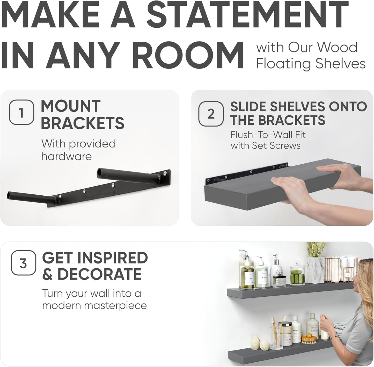 Homeforia 36 inch Gray Floating Shelves, High End Solid Real Wood 36inch Floating Shelf for Wall Mounted, Grey Wooden 36 inches Long Floating Shelves, Heavy Duty Bracket, 36 X 6.5 X 1.75 in, Set of 2