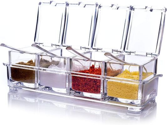 ME.FAN Clear Seasoning Rack Spice Pots - 4 Piece Acrylic Seasoning Box - Storage Container Condiment Jars - Cruet with Cover and Spoon