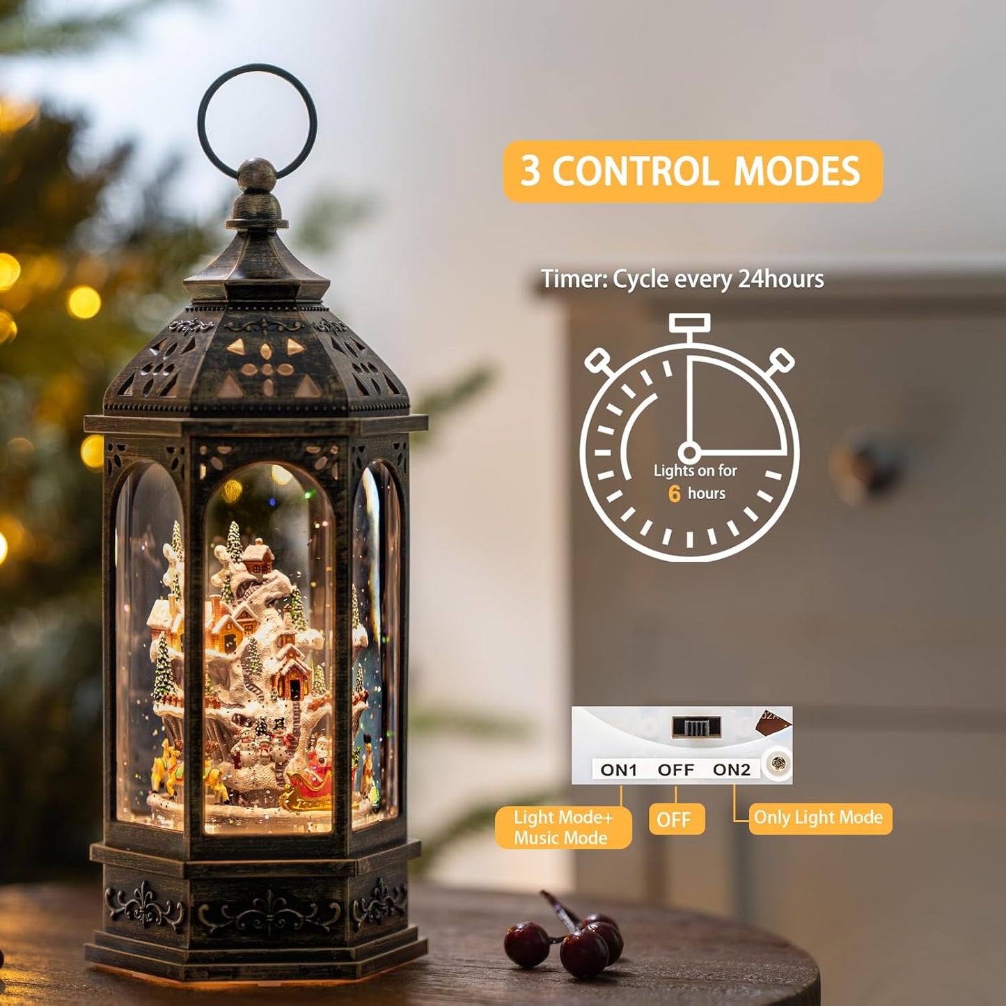 Animated Christmas Village Buildings with Moving Figurines Lighted Water Lantern, USB Lined/Battery Operated Snow Globe for Christmas Festival Decoration Gifts