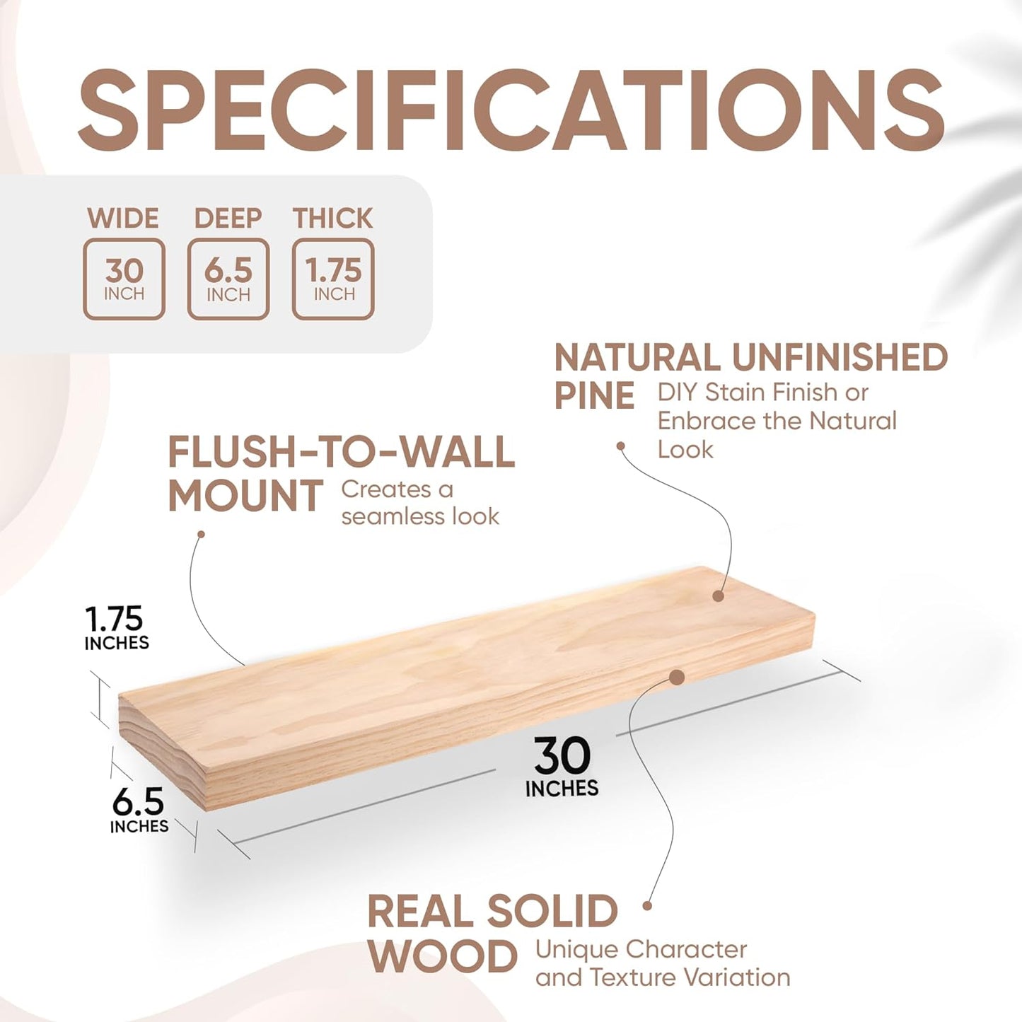 Homeforia 30 inch Wood Floating Shelves, High End Solid Natural Wood 30inch Floating Shelf for Wall, Unfinished Wooden 30 inches Floating Shelves, Heavy Duty Bracket, 30 X 6.5 X 1.75 in, Set of 2