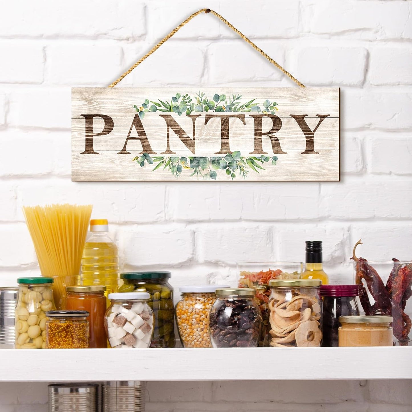 Bathroom Kitchen Laundry Pantry Sign Wall Decor 4 Piece, Wall Art with Plant Print, Rustic Farmhouse Wall Hanging Plaque Home Kitchen Decorative Bathroom, 4.7 x 13.7 inches
